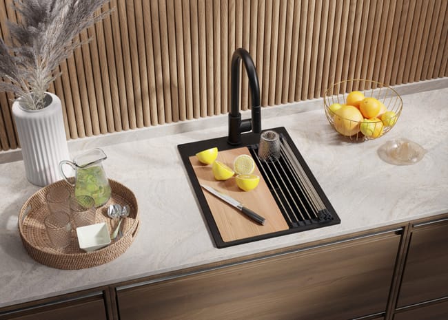 PRIMAGRAN Lavello Da Cucina Nero 56x47cm, Lavandino Da Cucina A 1 Vasca + Sifone Classico + Scolapasta Avvolgibile, Lavabo Da Cucina Incasso Al Mobile 60cm - Prague Slim