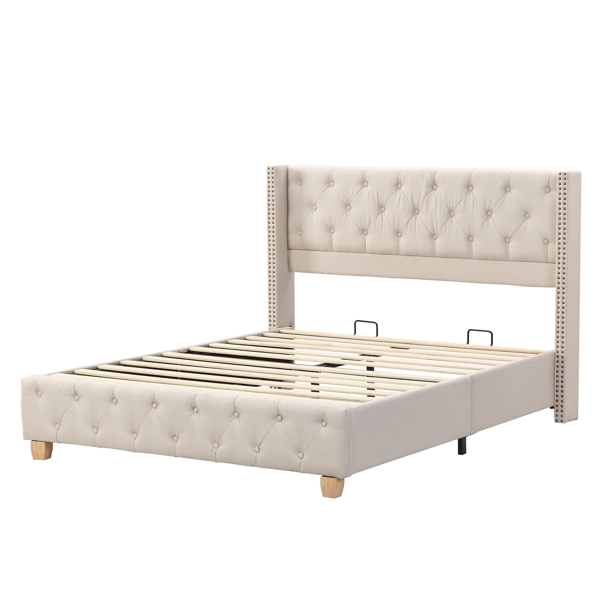 Lit coffre capitonné 140x190 cm Tête de lit à boutons et rivets pieds en bois tissu lin beige avec sommier - 10