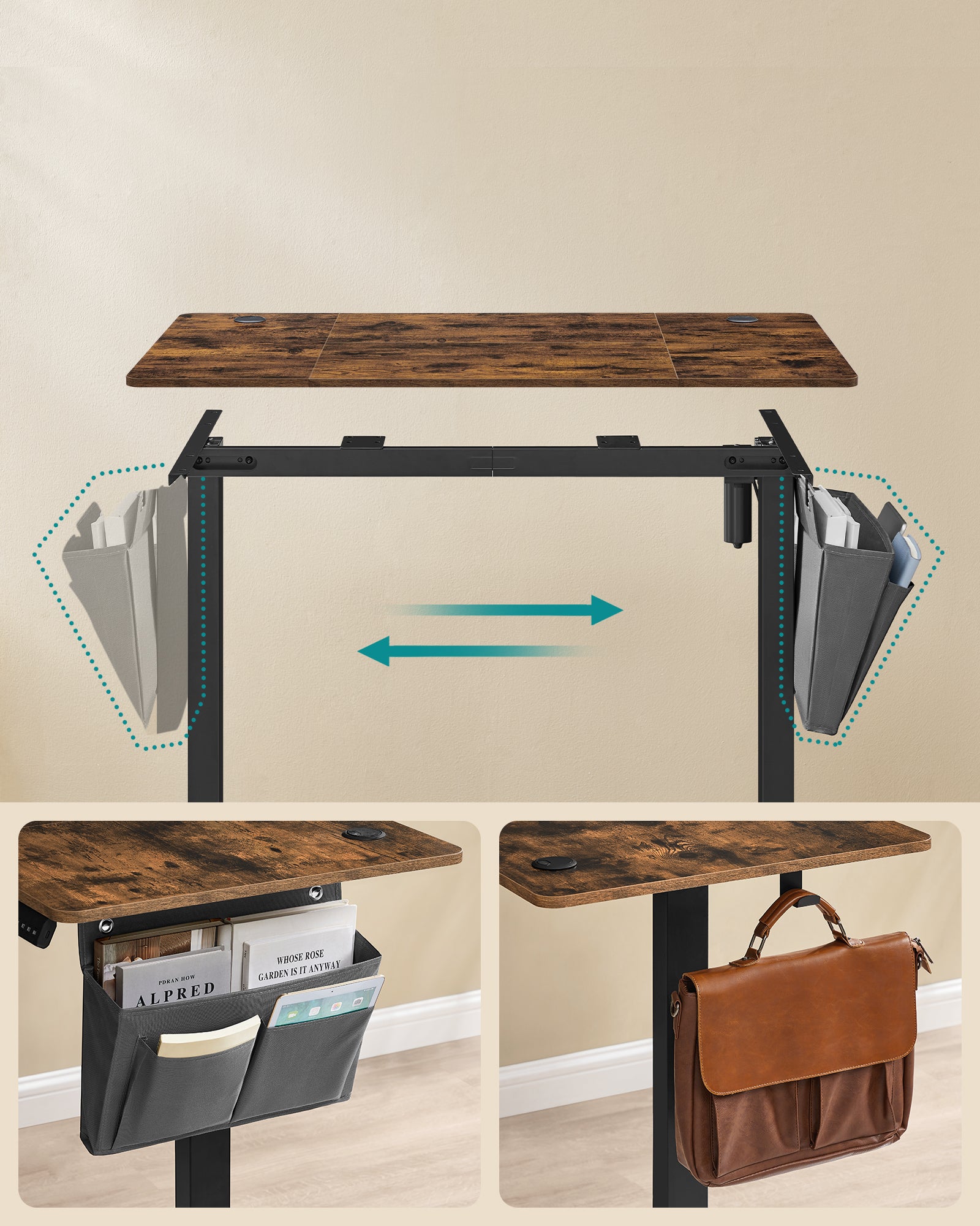 Bureau Électrique Assis-Debout, Bureau Réglable en Hauteur, 60 x 120 x (72-120) cm, 4 Hauteurs Mémorisables, Pochette de Rangement, Marron et Noir - 4