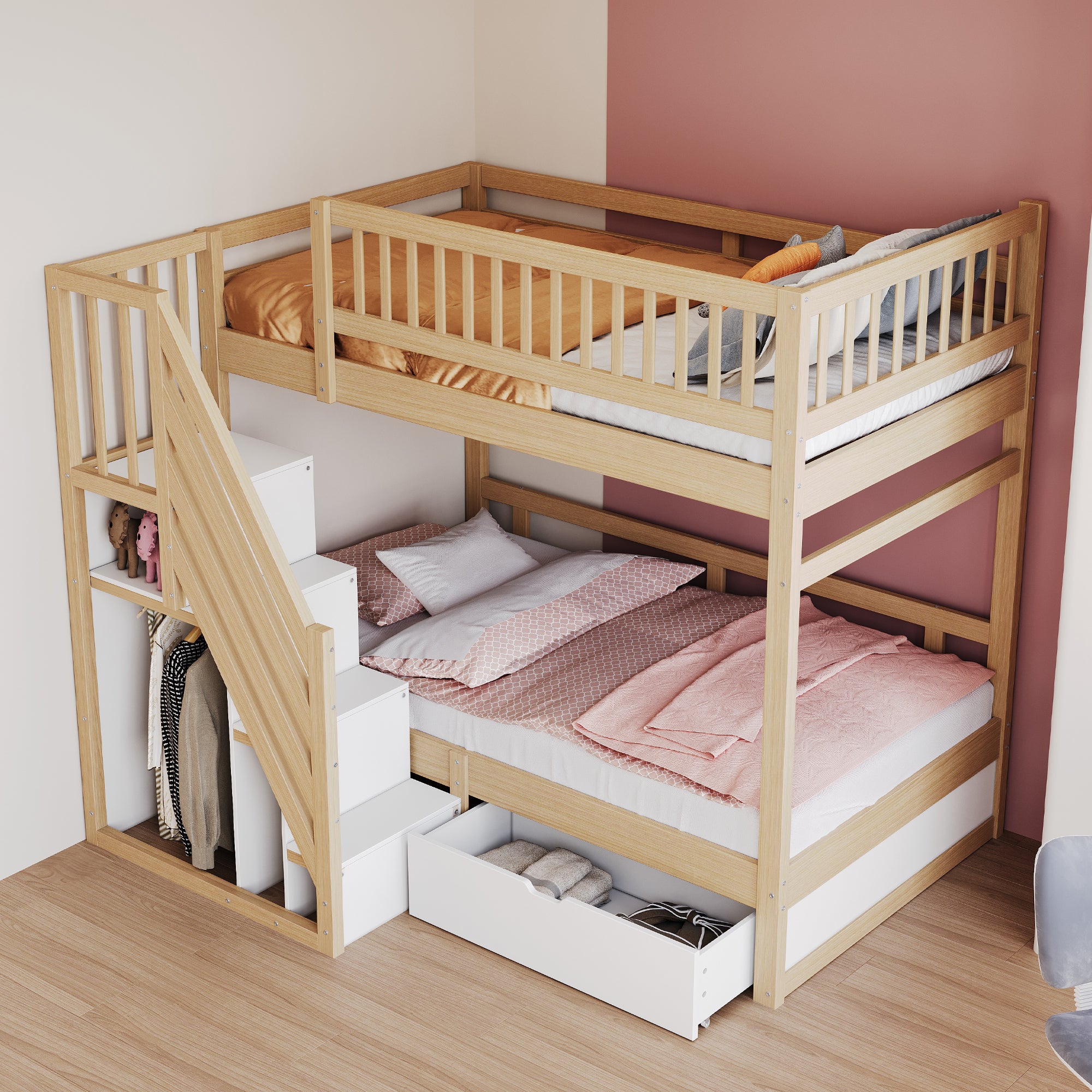 Łóżka piętrowe 2 x 90 x 200 cm z 1 szufladą i otwartą szafą - Sosna + sklejka + MDF - Białe i drewniane (Bez materaca)