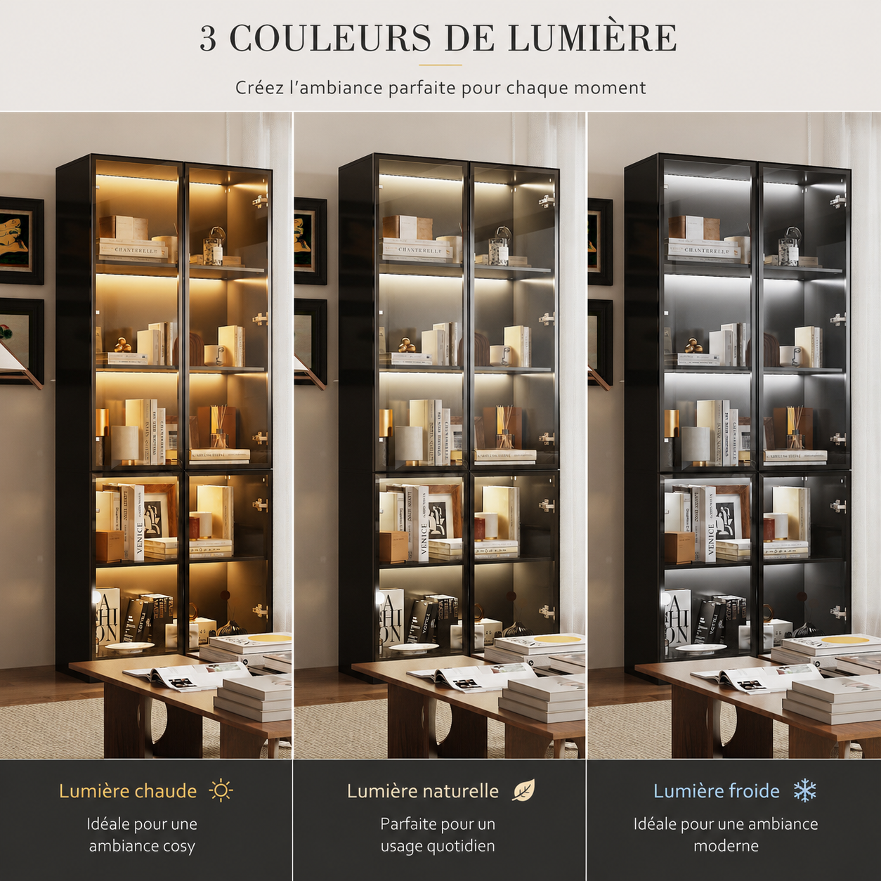 Vitrine à Lumières LED 3 couleurs, Armoire pour Collection avec 2 Portes en Verre, 5 étagères, Bureau et Salon, 80x36x200, Noir - 3