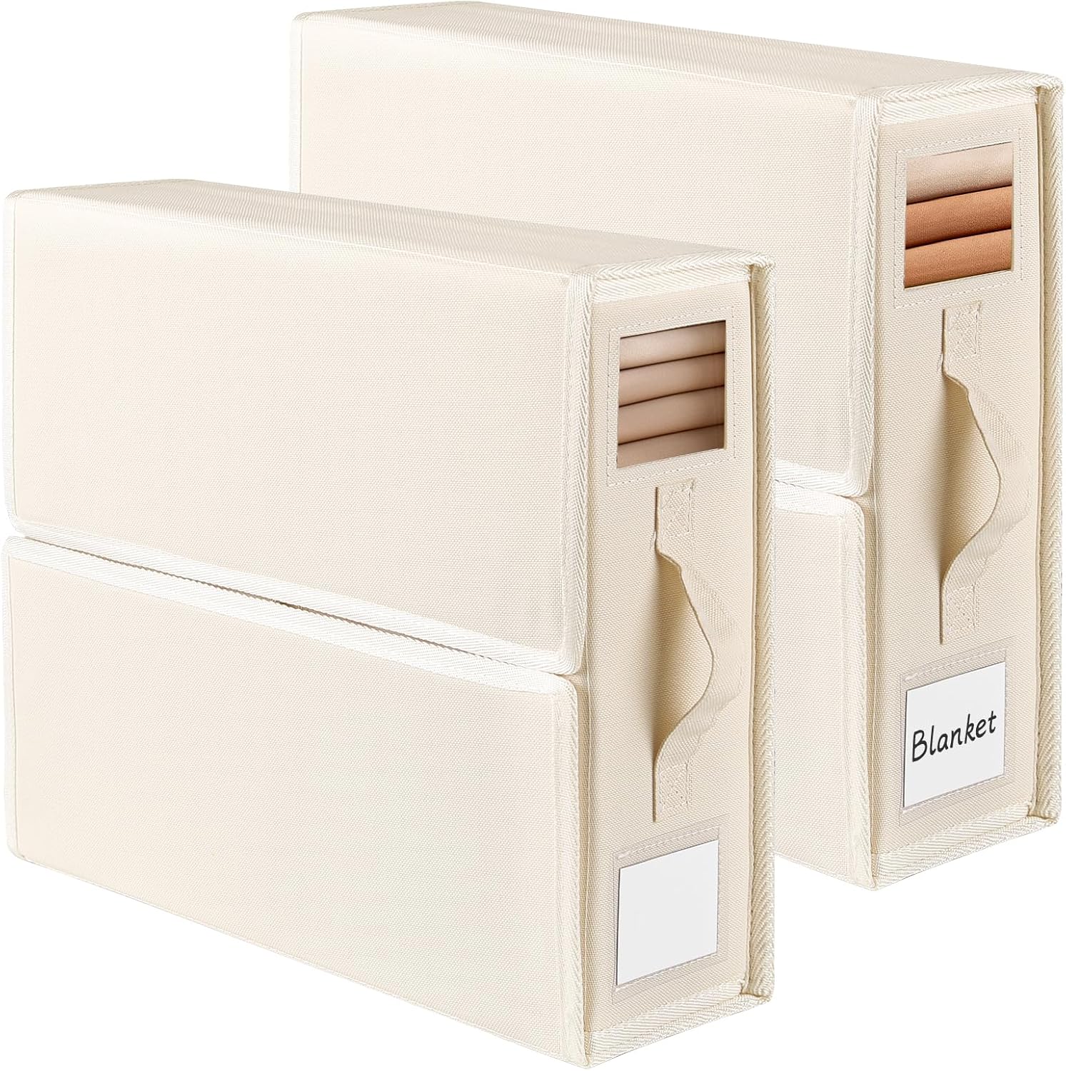 Zestaw 2 toreb do przechowywania prześcieradeł, składane pudełko z tkaniny Oxford z okienkiem i etykietą do umieszczenia pod łóżkiem (beżowe)