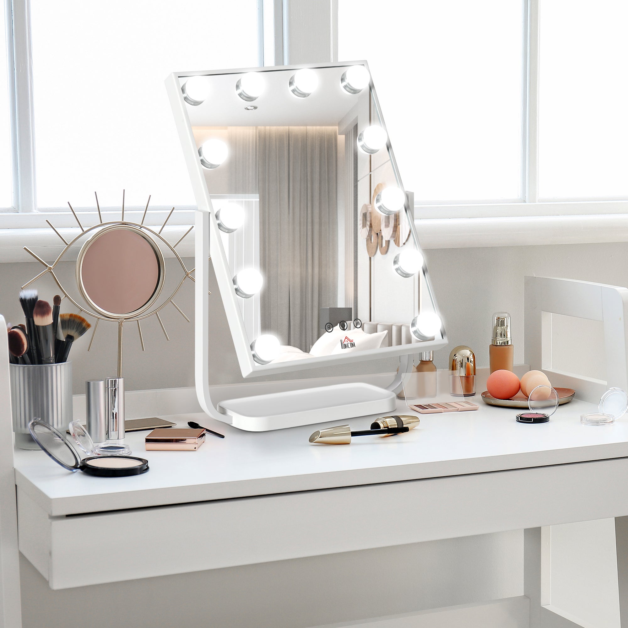 Miroir maquillage Hollywood léger 12 LED 3 modes, écran tactile lumineux réglable, fonction mémoire, chambre/salle bain, 32,8x11x47,4 cm, blanc - 3