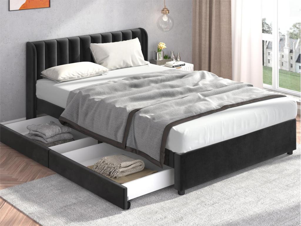 Łóżko 160x200cm z 2 szufladami - tapicerowane aksamitem - nowoczesny styl - Czarny
