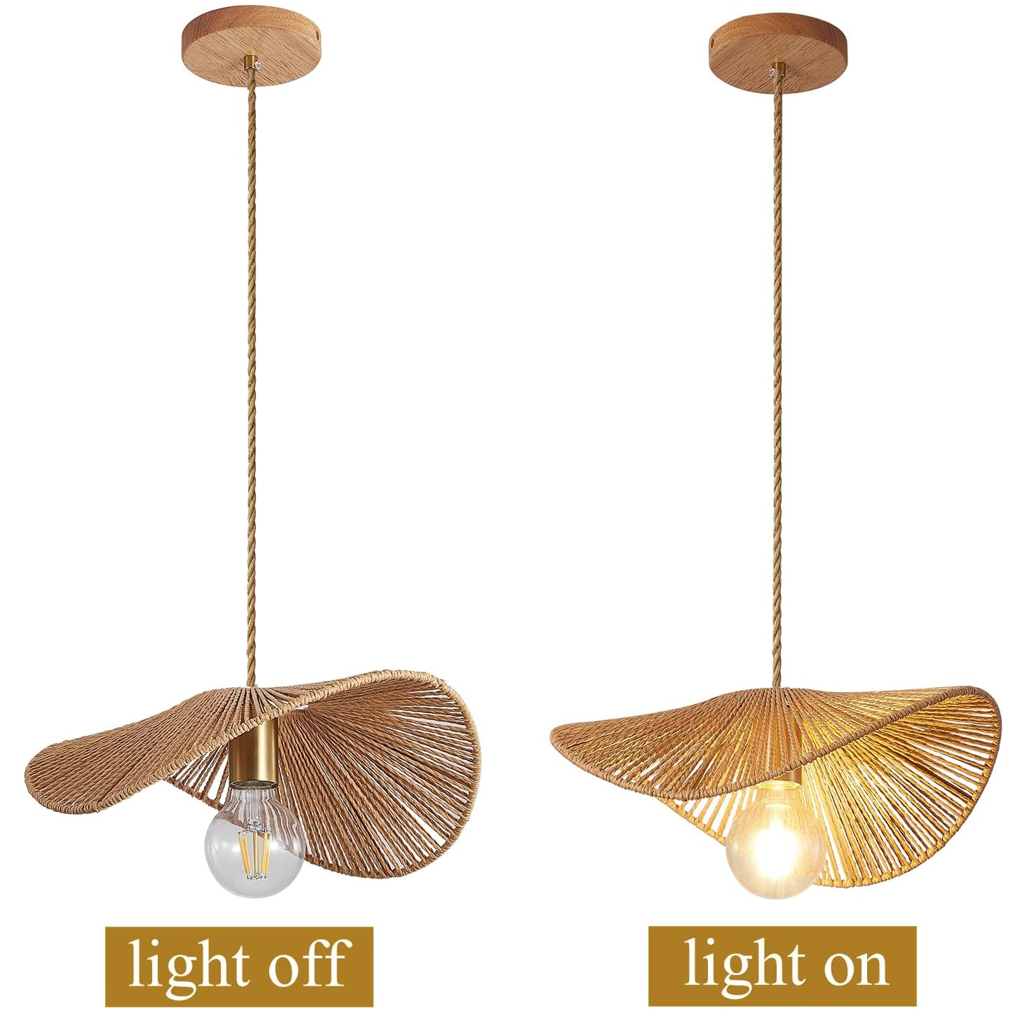 Suspension bohème, lustre en corde de chanvre tressée à la main, lampe suspendue de style wabi-sabi, plafonnier avec ampoule, lumière chaude, φ40cm - 5