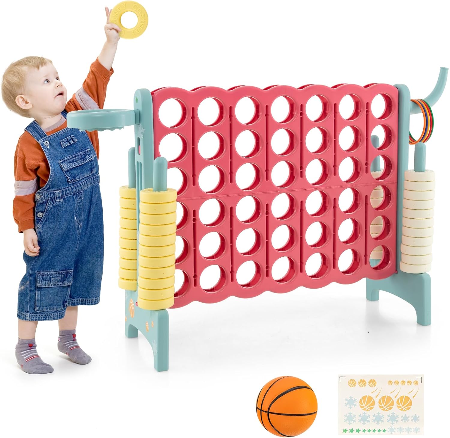 Gigantyczna Gra Puissance 4 z Koszem do Koszykówki i Słupkami do Rzucania Pierścieniami, Dźwignią Szybkiego Resetowania (120 x 33 x 78,5 cm, Zielona)