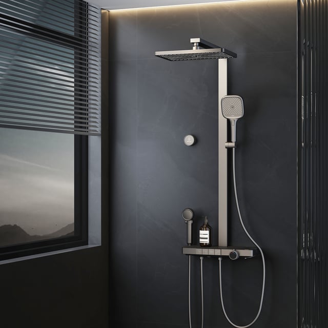 EMKE Colonna doccia con termostatico 38℃ Doccia a pioggia 40 cm con ripiano in vetro e doccetta 3+1 genitore-bambino+portadoccetta - antracite opaco