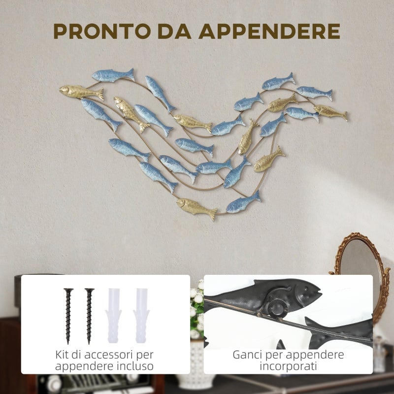 Décoration murale en métal « Banc de poissons » avec vis incluses, 99,7 x 3,8 x 50,2 cm, doré et bleu - 4
