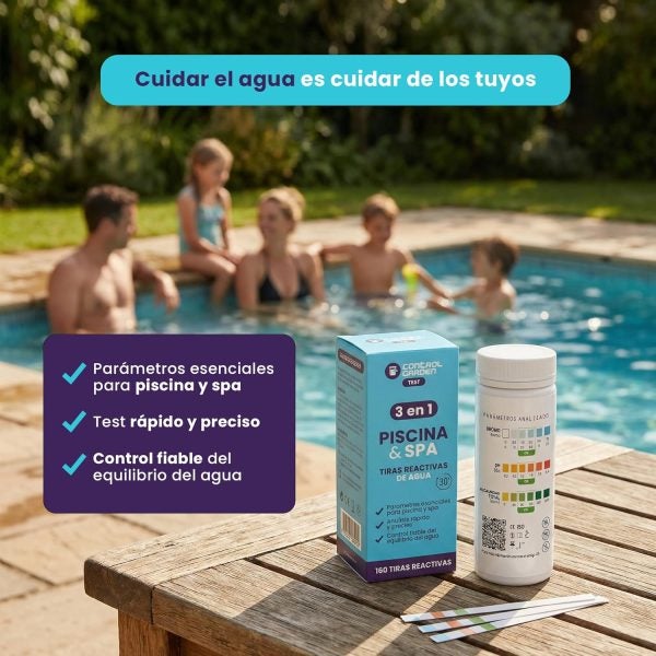Test Piscine 3 en 1 Bandelettes Réactives pH CONTROL GARDEN | Analyse Eau Piscine et Spa - 3