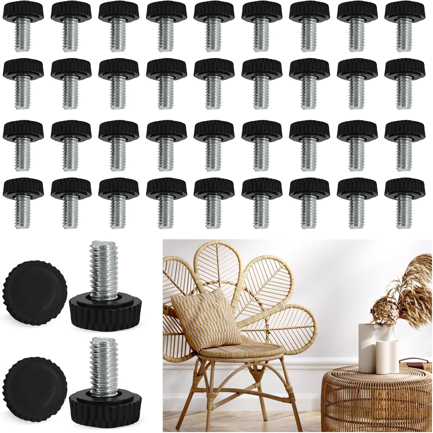 Picioare reglabile M6 x 20 mm, set de 40, negre, bază silențioasă din cauciuc antiderapant. Pentru mobilă, scaune și mese. Înălțime reglabilă. 40buc