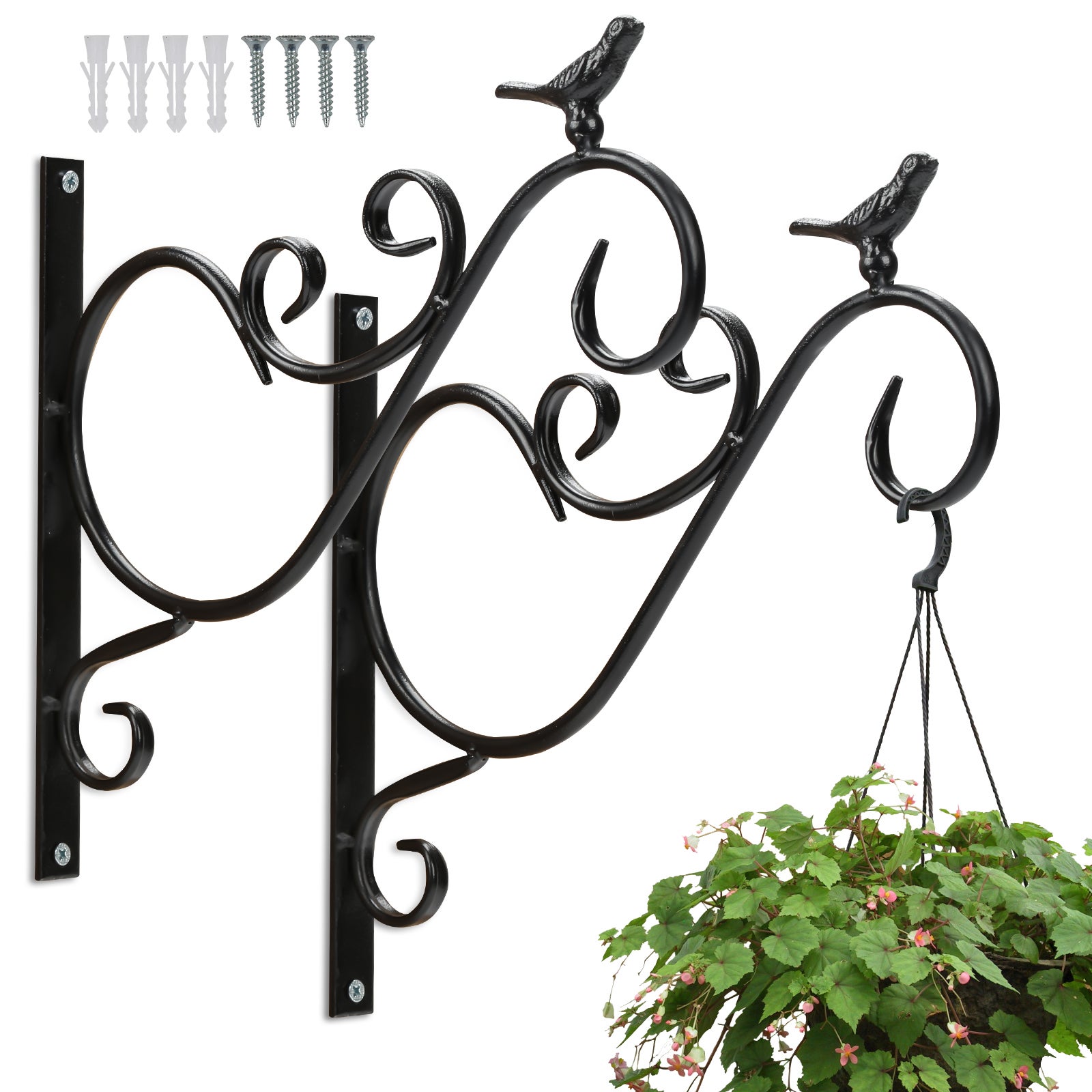 2 Supports Muraux Pour Paniers Suspendus - Fer Forgé, Design Oiseau, Max 5kg, Pour Plantes & Décor