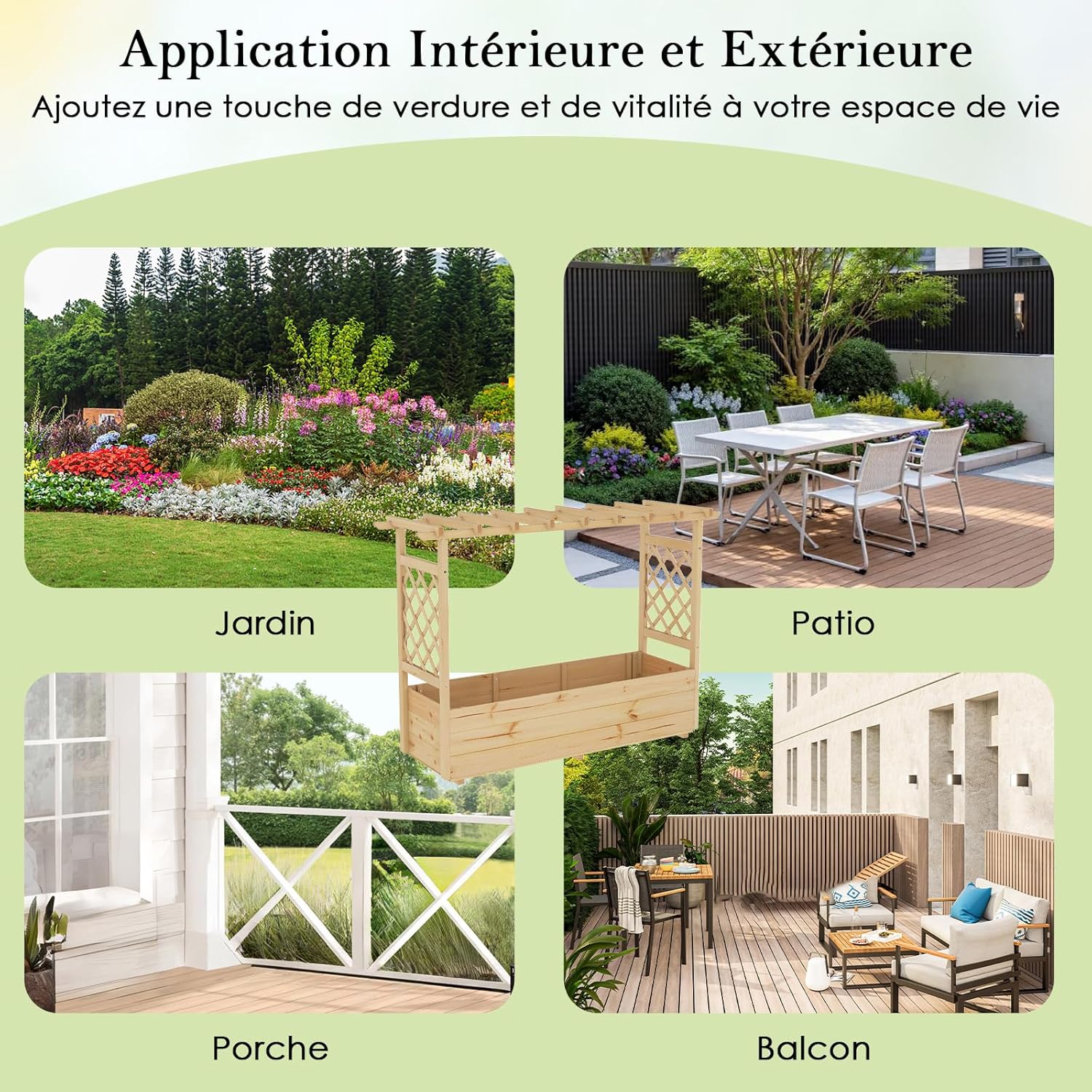 Jardinière avec 2 Treillis Latéraux Toit Suspendu en Bois Massif avec Trou de Drainage, Lit de Jardin Surélevé, 148,5 x 50 x 103,5 cm, Naturel - 8