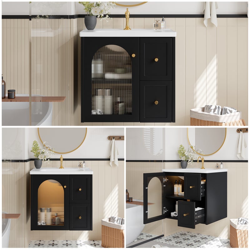 Szafka łazienkowa wisząca z pojedynczą umywalką ceramiczną - 1 drzwi szklane i 2 szuflady - 60,5 x 47,5 x 57 cm - diody LED - MDF - czarna