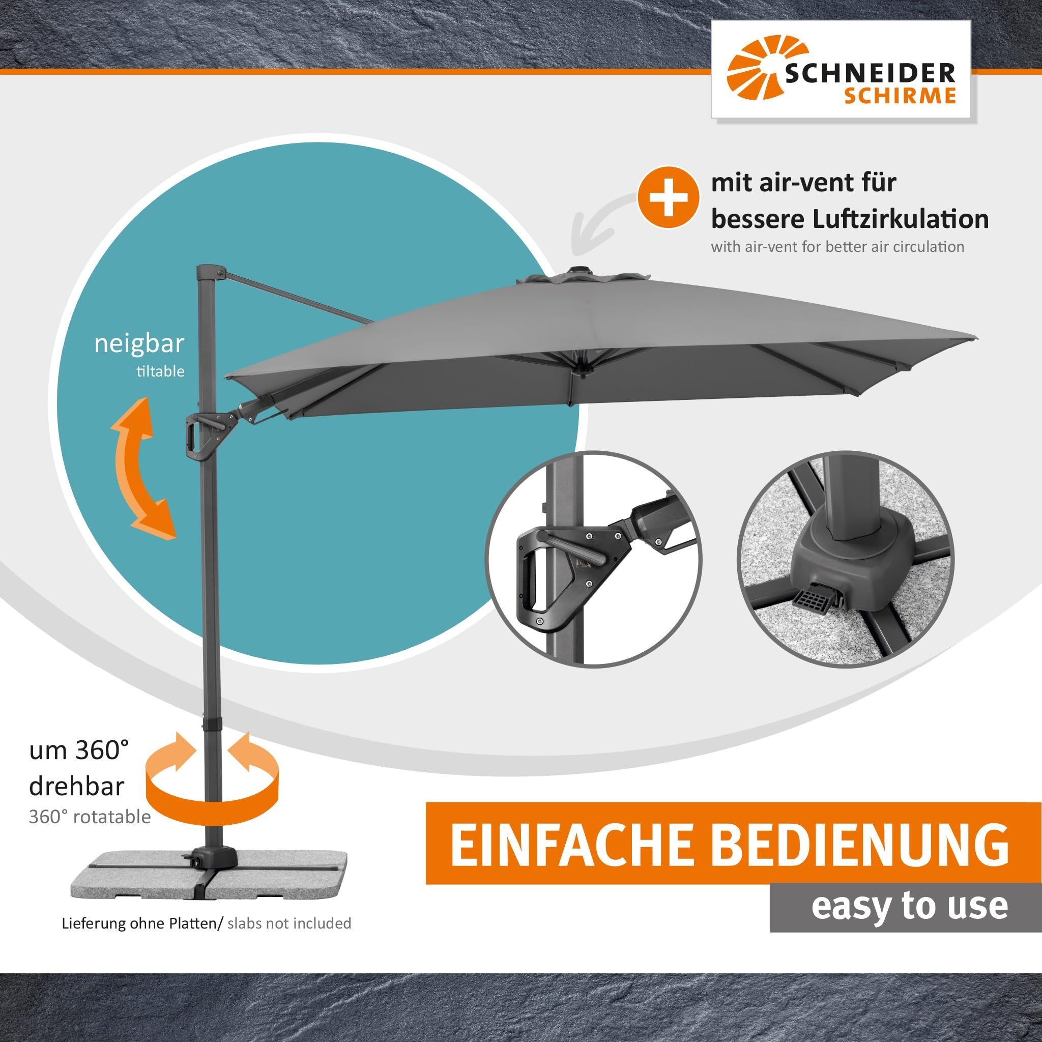 Parasol déporté Schneider Vivasol anthracite, 270 x 270 cm – rotatif 360°, inclinable, avec housse et support pour dalles - 5