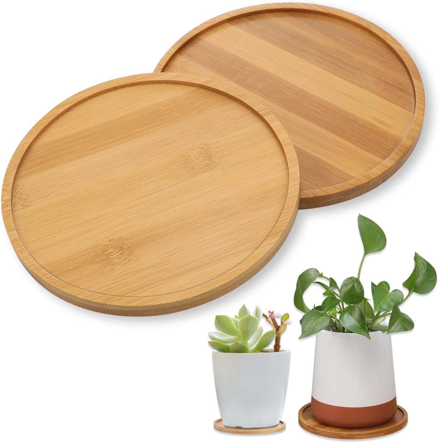 Set de 5 tăvi rotunde din bambus, 15,5 cm, farfurie pentru plante, tavă ...