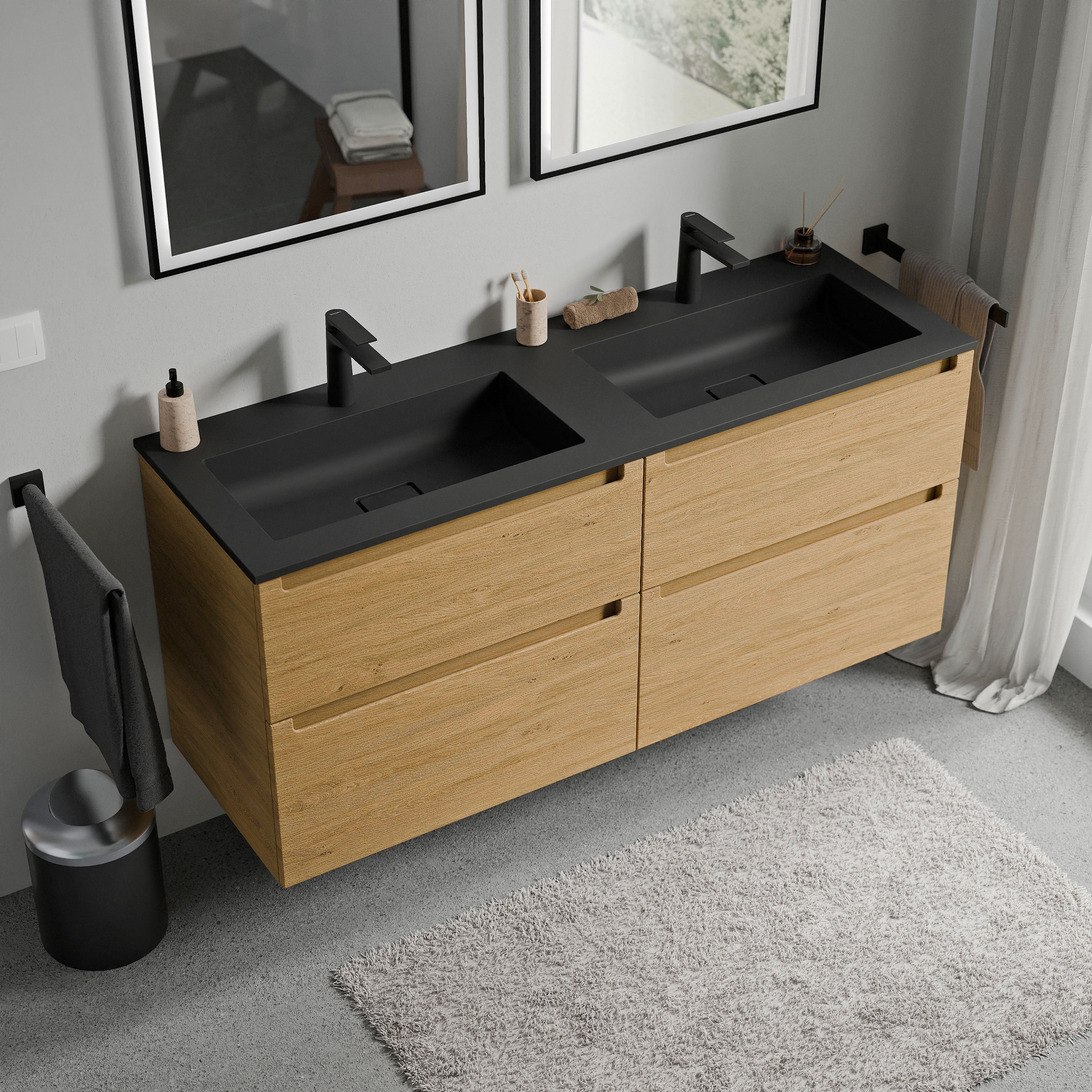 BERNSTEIN - Meuble double vasque suspendu MDF Chêne miel, lavabos fonte Noir mat + trous robinet, tiroirs pivotants - 120x46x62cm - VIREO - 2