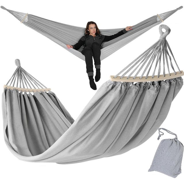 Hamak ogrodowy 2 osobowy Enero Camp Luxe 250x150 cm z drążkiem i pokrowcem szary