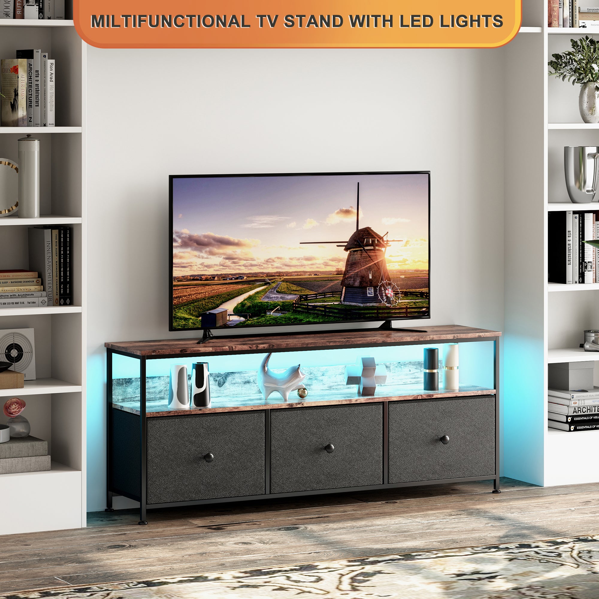 Meuble TV 137 CM avec lumières LED 3 tiroirs Panneau de particules et Pieds de table en métal Hauteur réglable PU noir - 8
