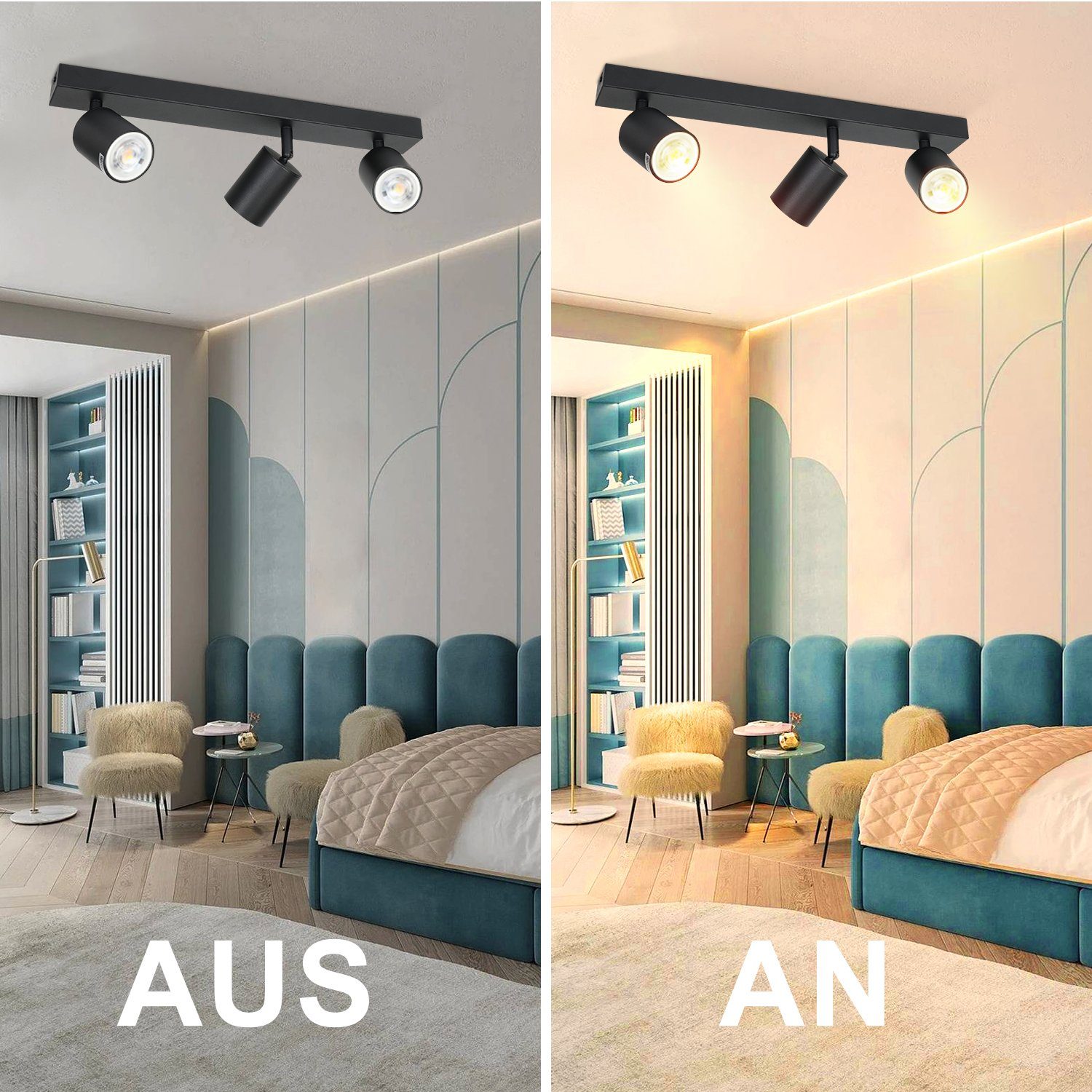 NETTLIFE 3 focos máx.25w LED Candeeiro de teto preto GU10 Candeeiro de moderno giratório de 350° Candeeiro de parede industrial para sala de estar, - 5