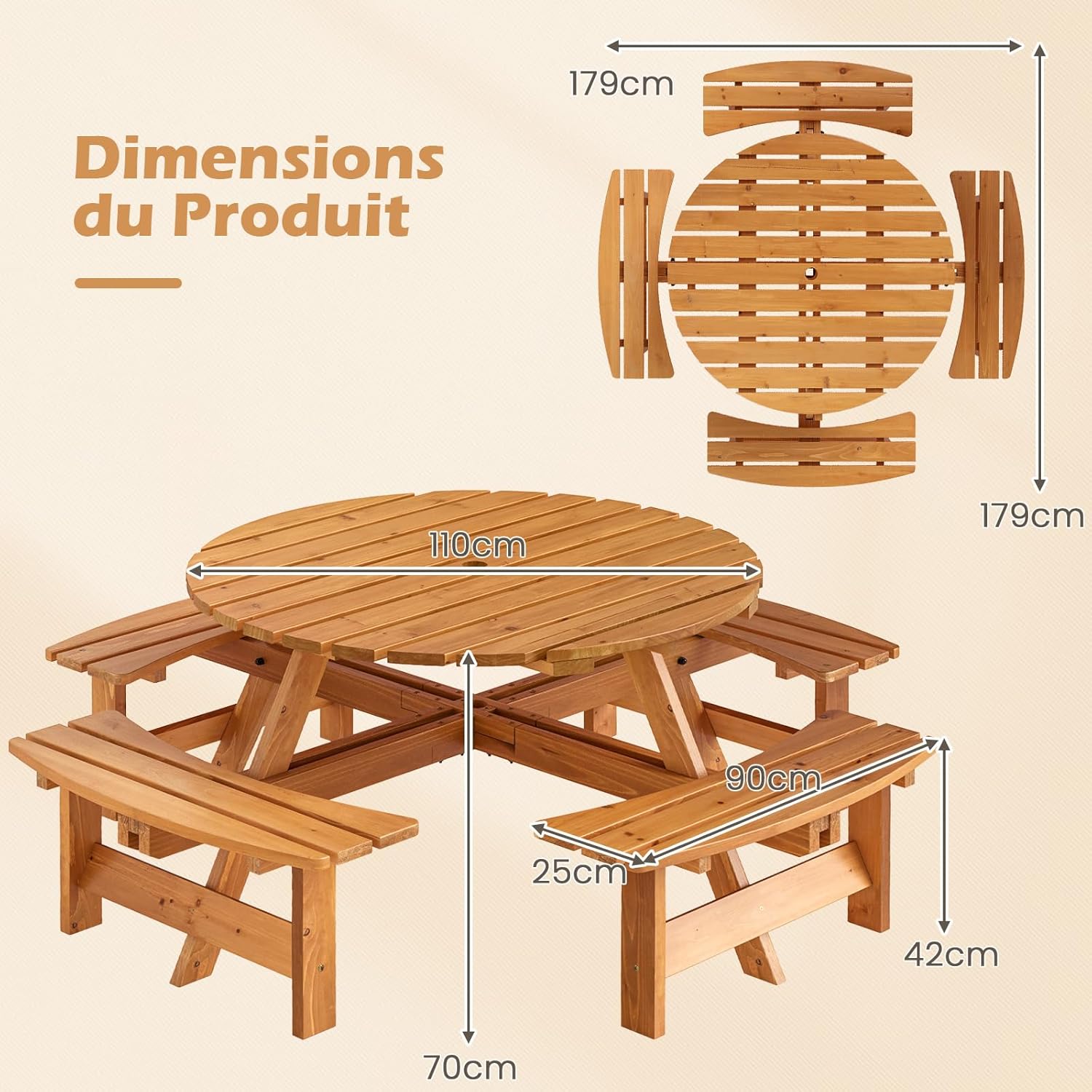 Table Pique-Nique Extérieur 8 Personnes, Table à Manger Jardin Ronde pour Patio avec 4 Bancs Intégrés, Trou Paraso 5 cm, Charge 100+250KG*4 (Jaune) - 2