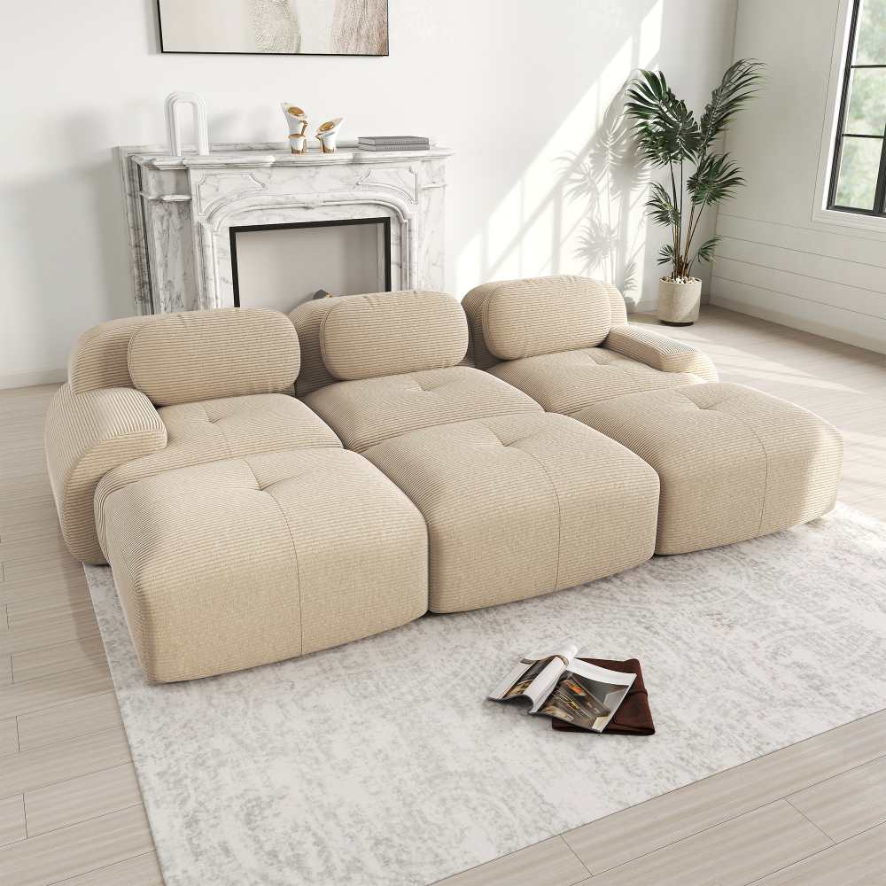 Canapé modulaire 3 places en tissu côtelé avec 3 poufs, accoudoirs extra-larges, rembourrage 32D, sans montage, adapté aux animaux - 3