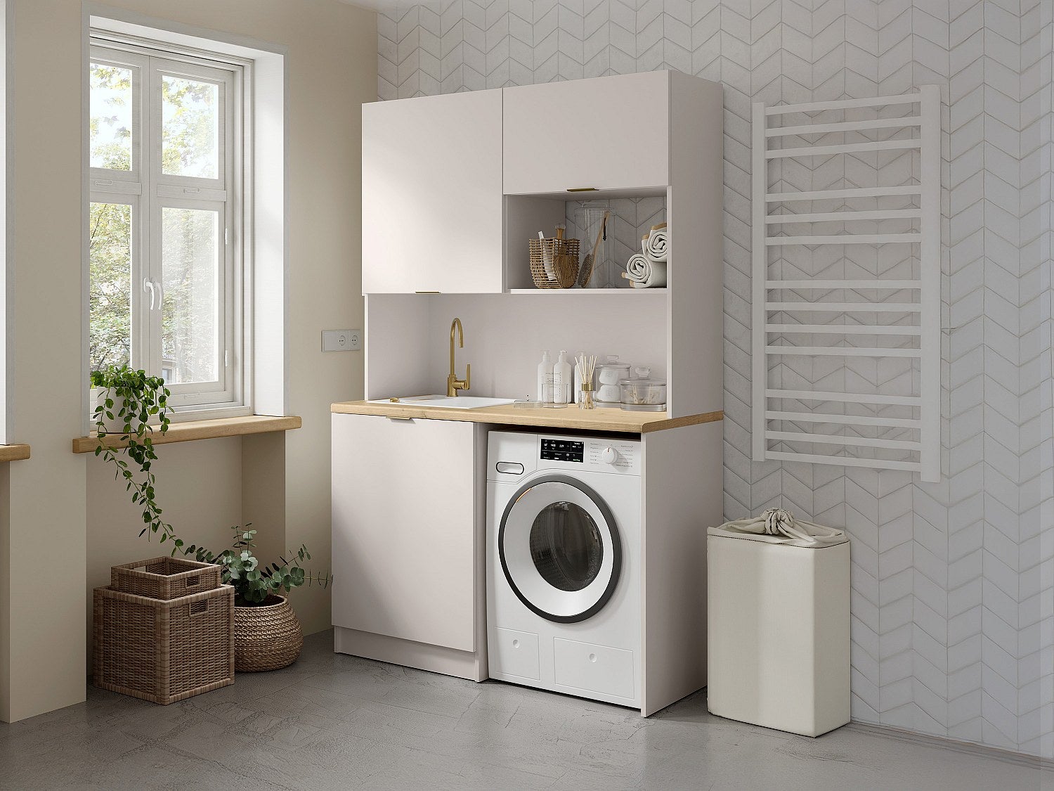 Mobile multifunzione angolo cottura e lavanderia - Con piano di lavoro 120 cm - Beige e naturale - CARMEO - 5