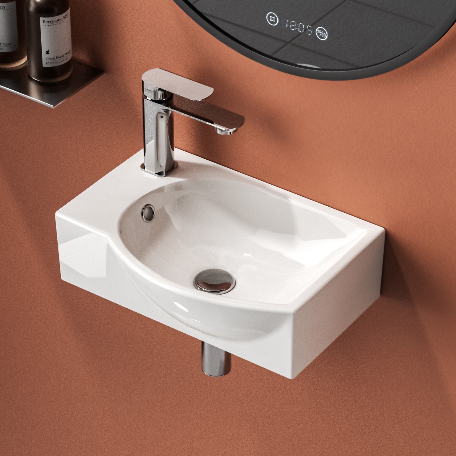 EMKE Lavabo De Pared De Esquina De Cerámica – Medio Círculo Blanco – 30x25x12 Cm – Ideal Para Baños Pequeños O Aseos