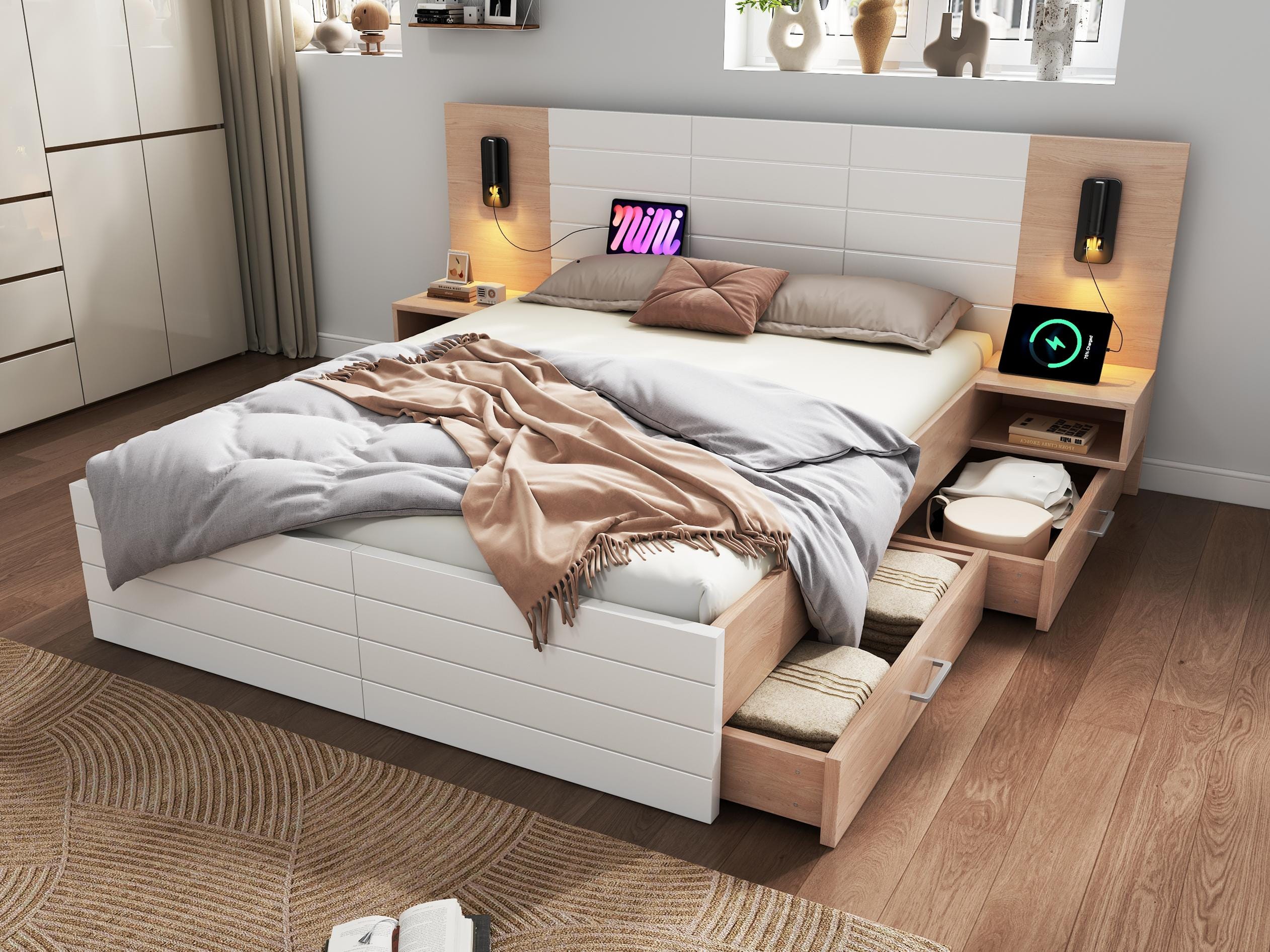 Lit double 180x200cm avec banquette rangement usb-c, lampe de lecture et table de chevet Lit double 180x200cm avec banquette rangement usb-c, lampe de lecture et table de chevet