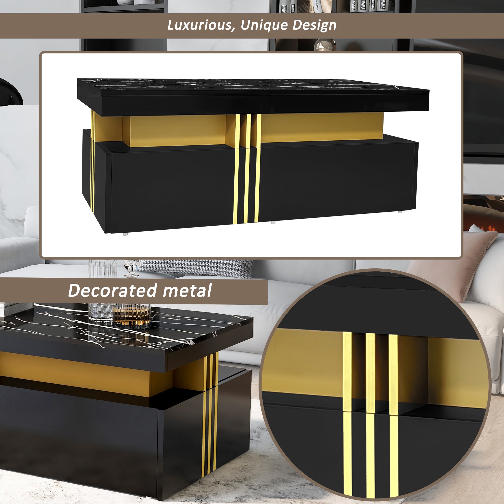 Table basse rectangulaire avec 2 tiroirs - 100x50x40 cm - panneaux de particules - plateau marbré, pour salon - noir - 9