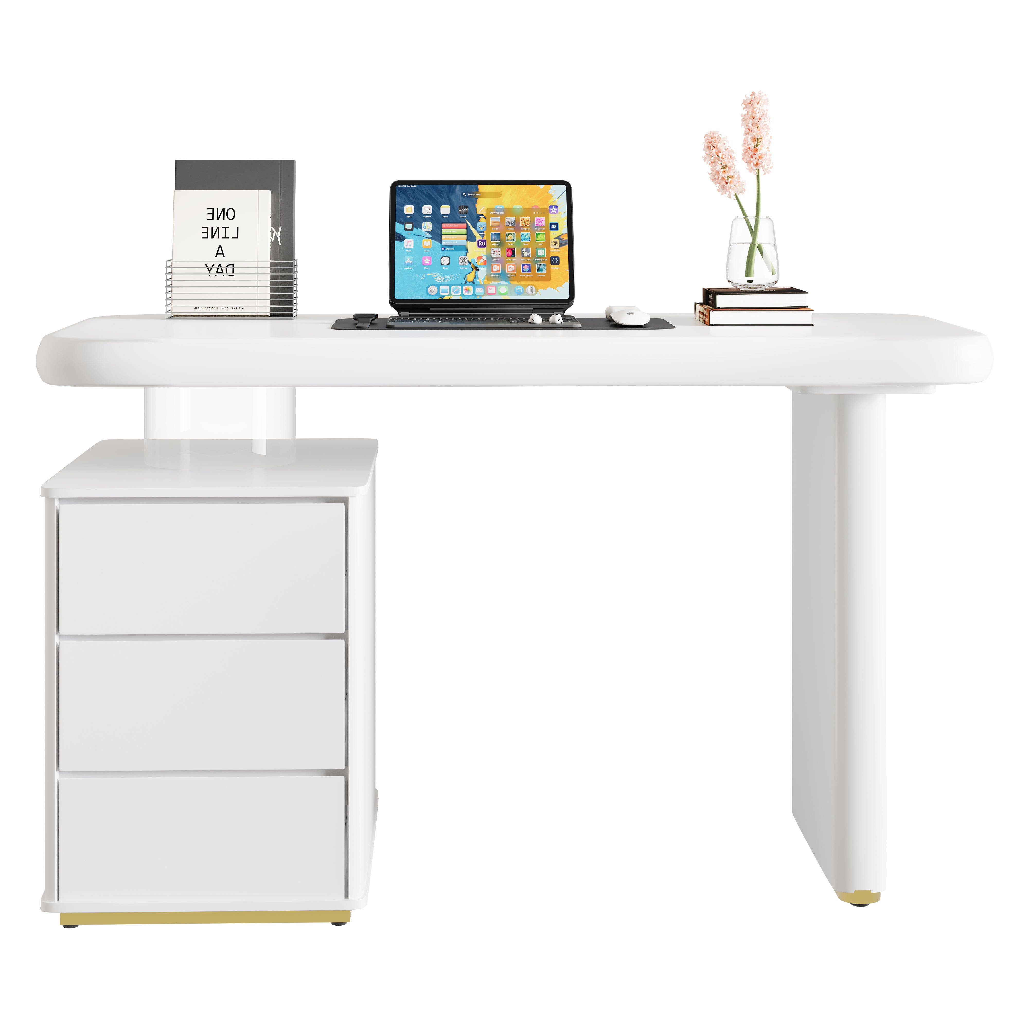 Bureau moderne avec 3 tiroirs - 117 x 50 x 74 cm - MDF - Courbes arrondies et pieds épaissis - Blanc - 6