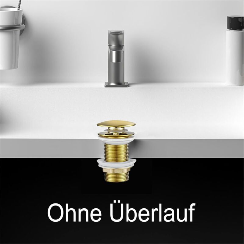 Bonde universelle pour lavabo et lavabo - Valve pop-up moderne Click Clack - Bonde d'écoulement avec trop-plein, laiton, acier inoxydable, doré - 2