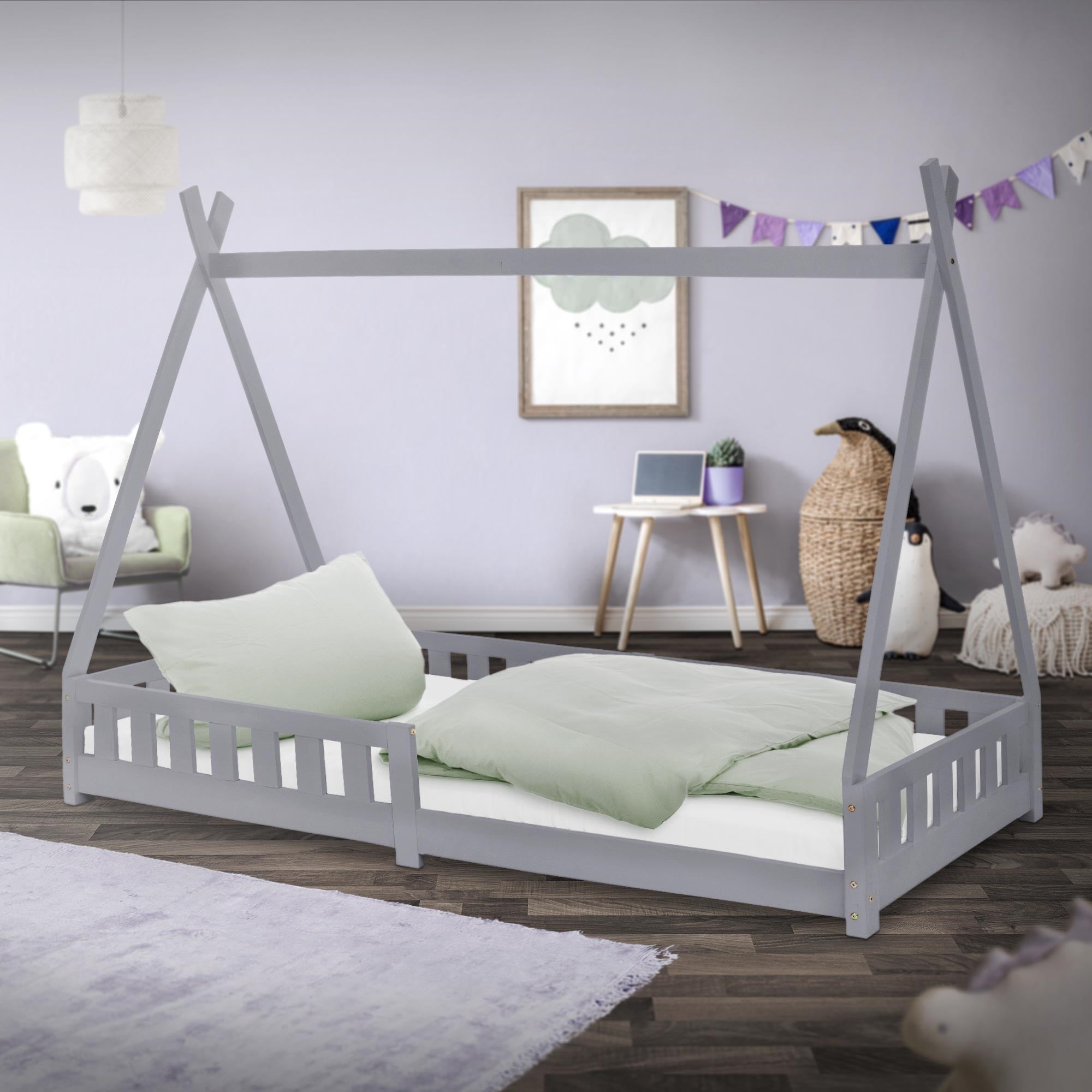 ML-Design łóżeczko tipi 90x200 cm jasnoszare z materacem i zabezpieczeniem rama z listew lite drewno sosnowe łóżko w stylu indyjskim dla dzieci
