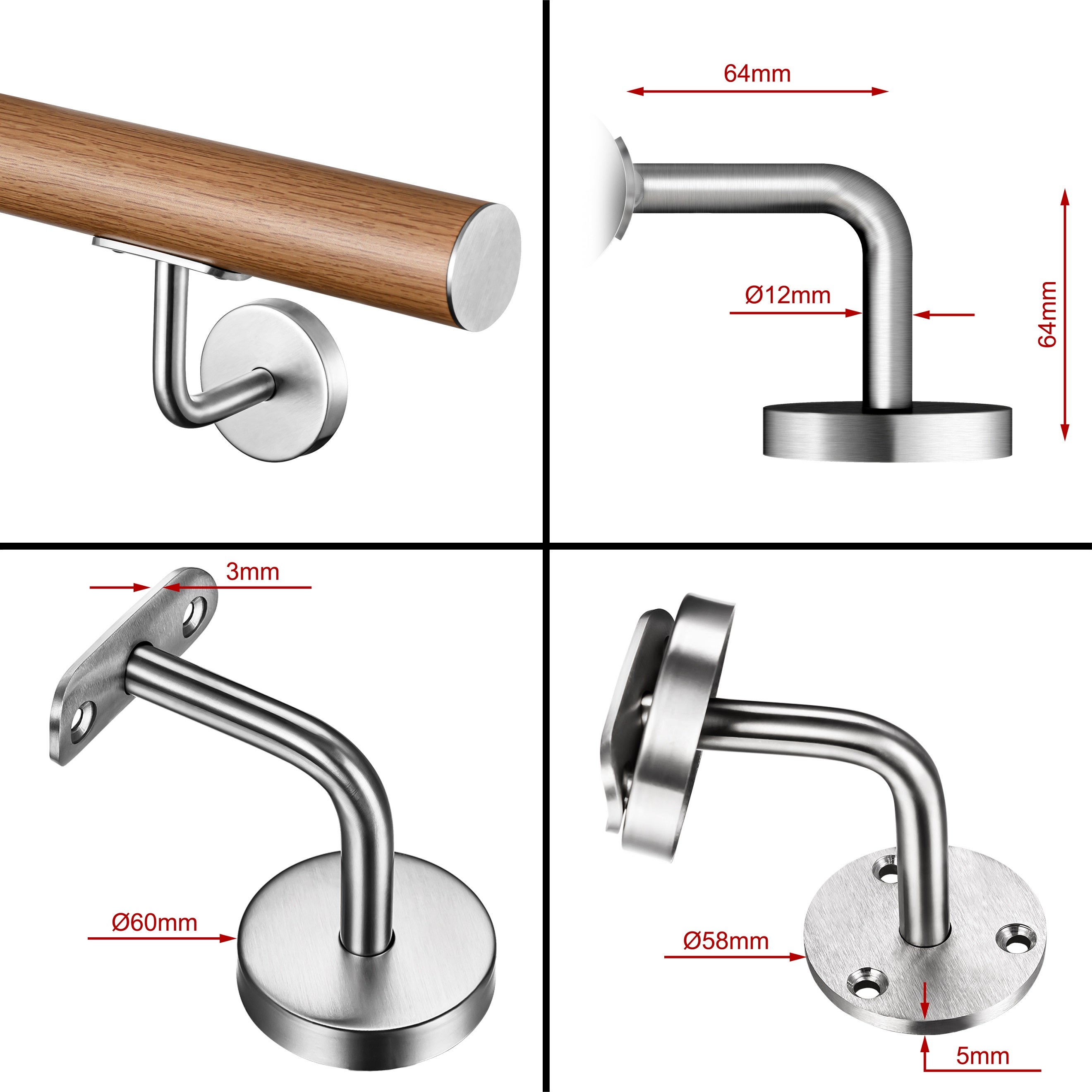 Main courante 180cm, inox 304, Design naturel aspect bois, rampe d'escalier ronde, Ø42.4mm, avec 2 supports muraux, intérieur & extérieur - 3
