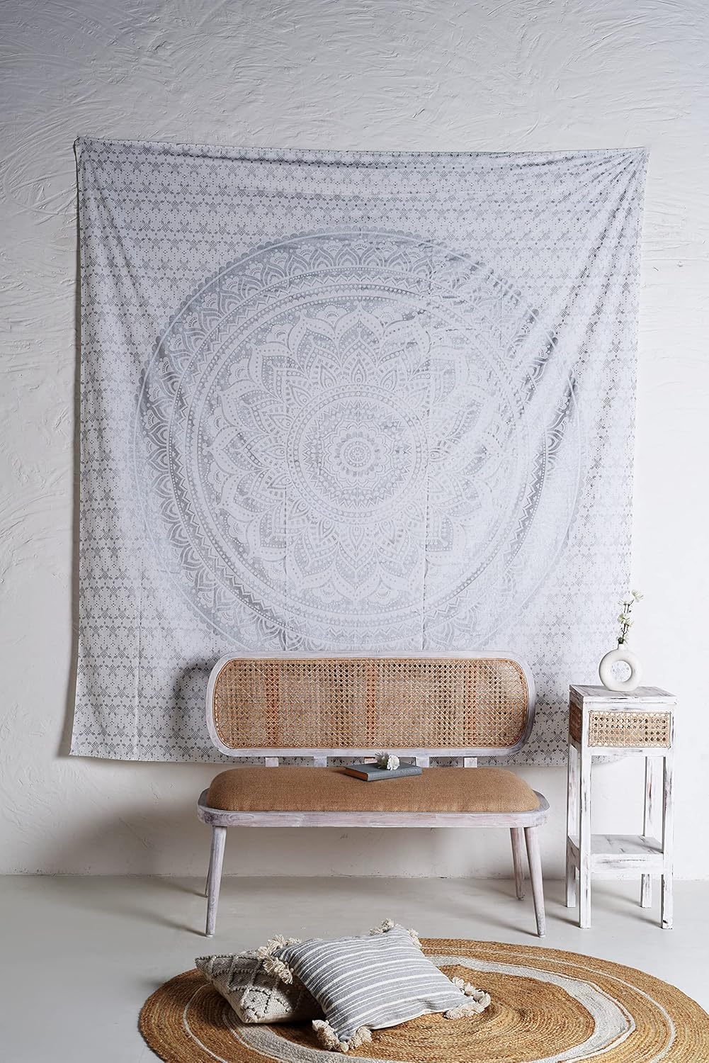 Gobelin hipisowski z mandalą ombré, w kolorze srebrnym i białym, 135 x 150 cm, styl boho, do dekoracji wnętrz, wykonany z indyjskiej bawełny, idealny - 5