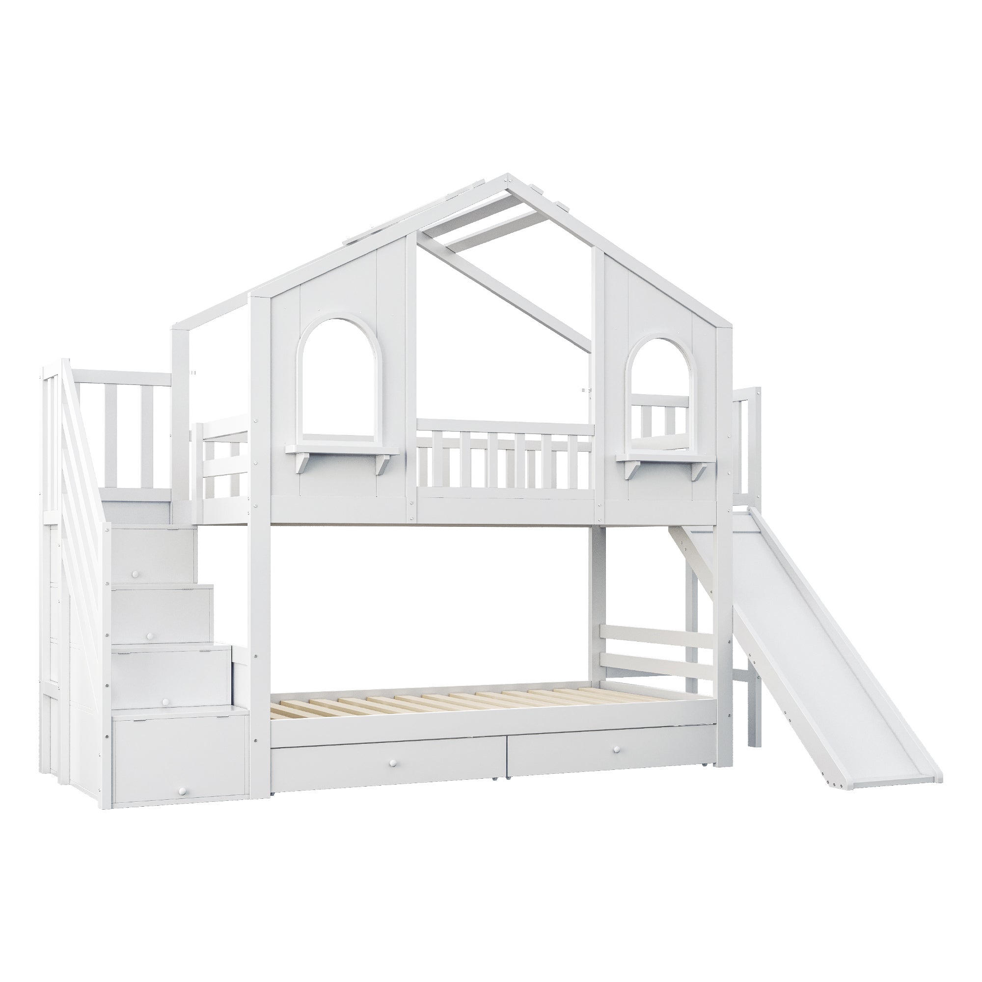 Łóżko piętrowe dziecięce 90x200 cm - Design domku - z drabinką schodkową + zjeżdżalnią - z 2 szufladami - biały (materac nie jest wliczony w cenę) - 9