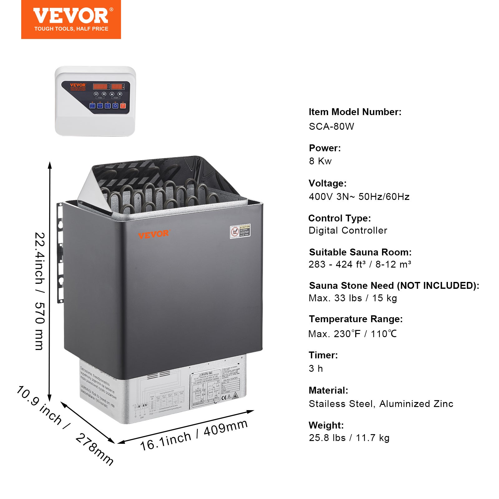 Poêle Sauna Électrique VEVOR Portable, 8 kW, 400 V 3 N, avec Minuterie 3 h, 110℃ Max, pour Sauna 8-12 m³, Utilisation Commerciale de Douche Spa Hôtel - 7