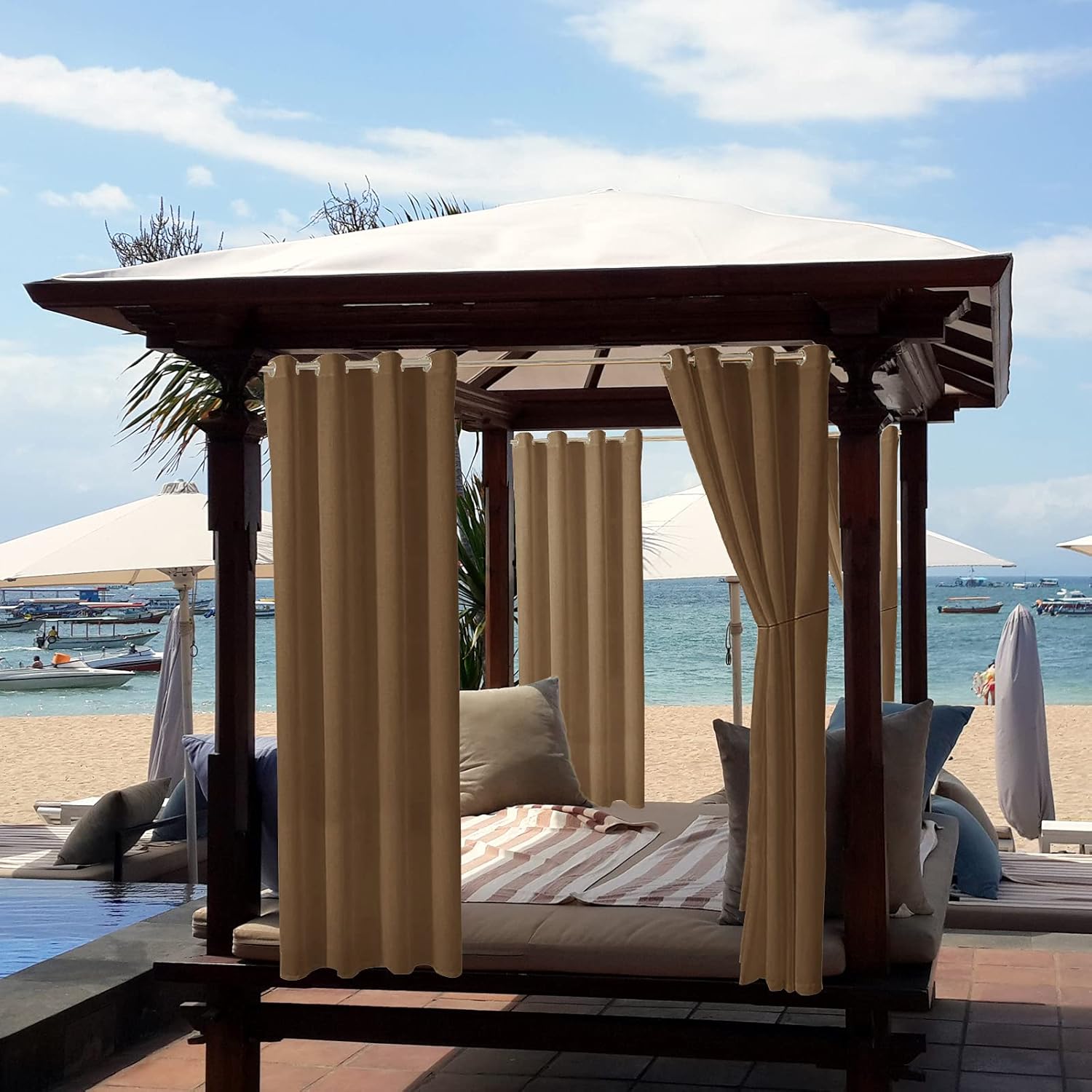 Rolety zewnętrzne, 2-panelowe, zaciemniające i termoizolacyjne, odpowiednie do altan i ogrodów, 132 x 213 cm, kolor kawowy.