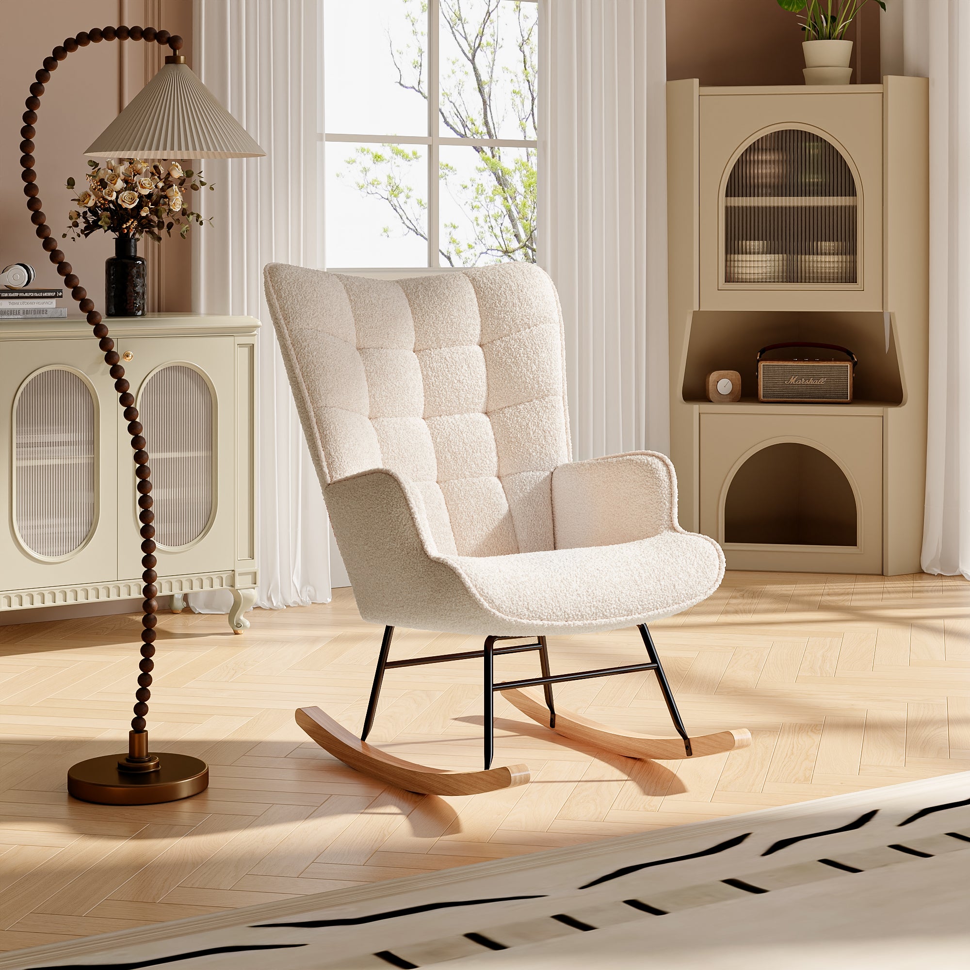 Fauteuil à Bascule, Rocking Chair en Tissu Teddy, Fauteuil Allaitement Scandinave, Chaise à Bascule pour Salon, Chambre, Balcon, Beige - 7