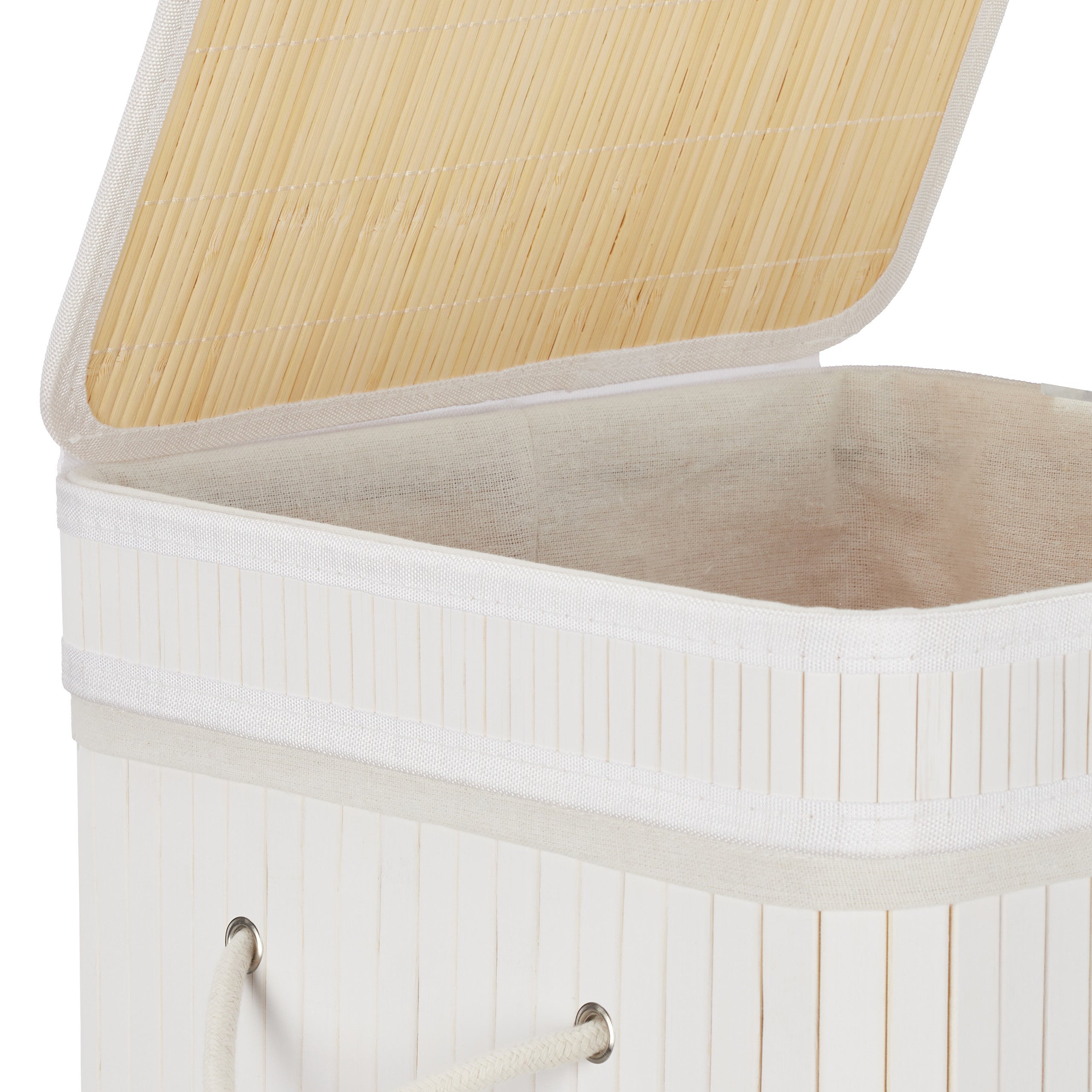 Corbeille à linge pliable, Bambou, avec anse, 70 litres, couvercle, HxlxP 63 x 36 x 36 cm, blanc, Relaxdays - 7