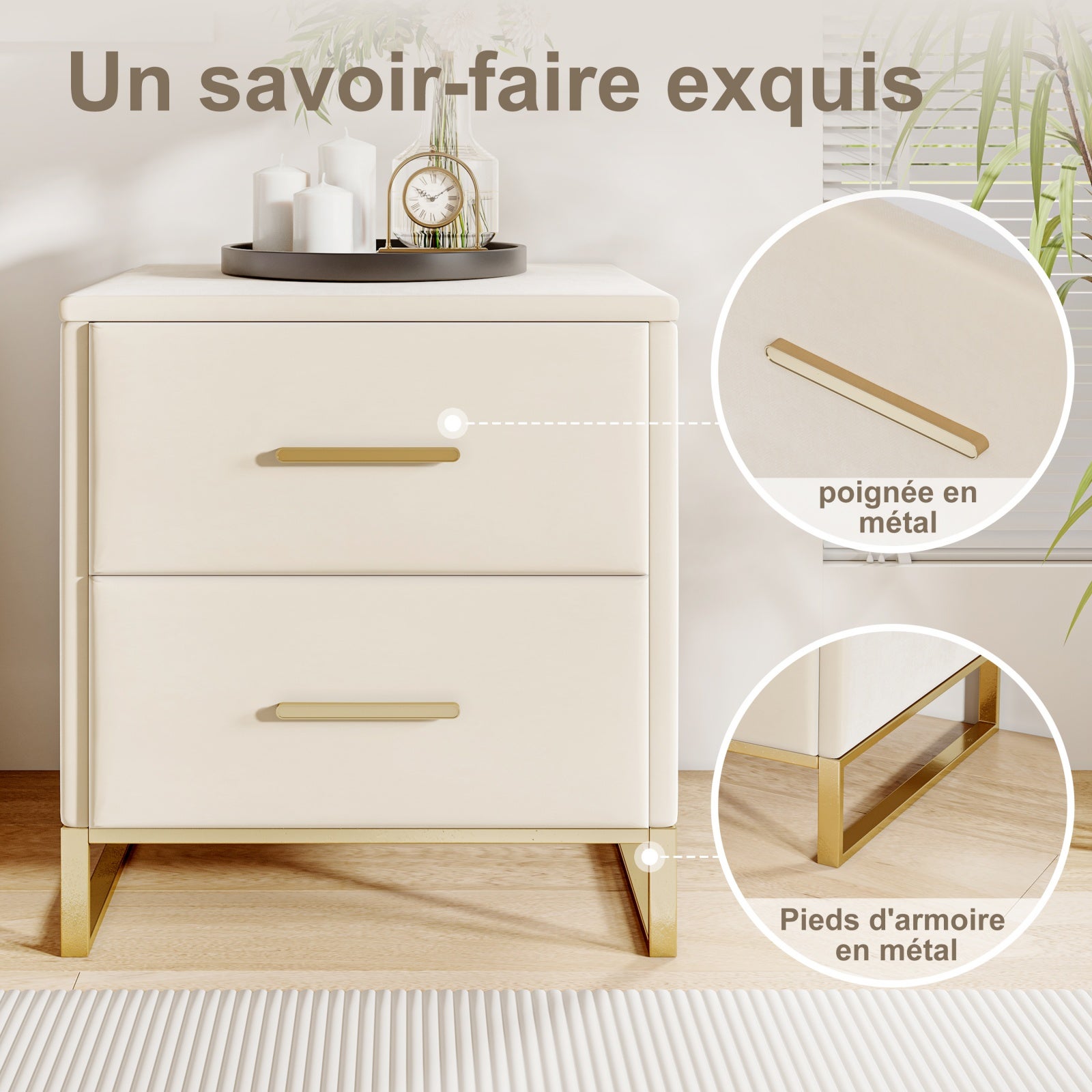 Lot de 2 Tables de chevet,Velours Beige, avec 2 Tiroirs et Poignées Dorées, Base Métallique Dorée, Design Minimaliste et Élégant, idéal pour Chambre - 5