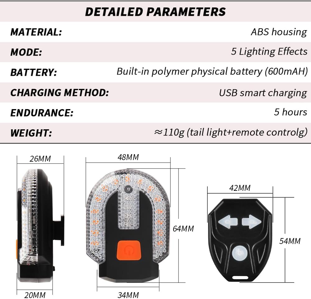 Fanale Posteriore Bici Con Telecomando - Luce LED 7 Colori, 9 Modalità, Indicatori Di Direzione E Stop, Ricaricabile USB, Impermeabile IPX4 - 2