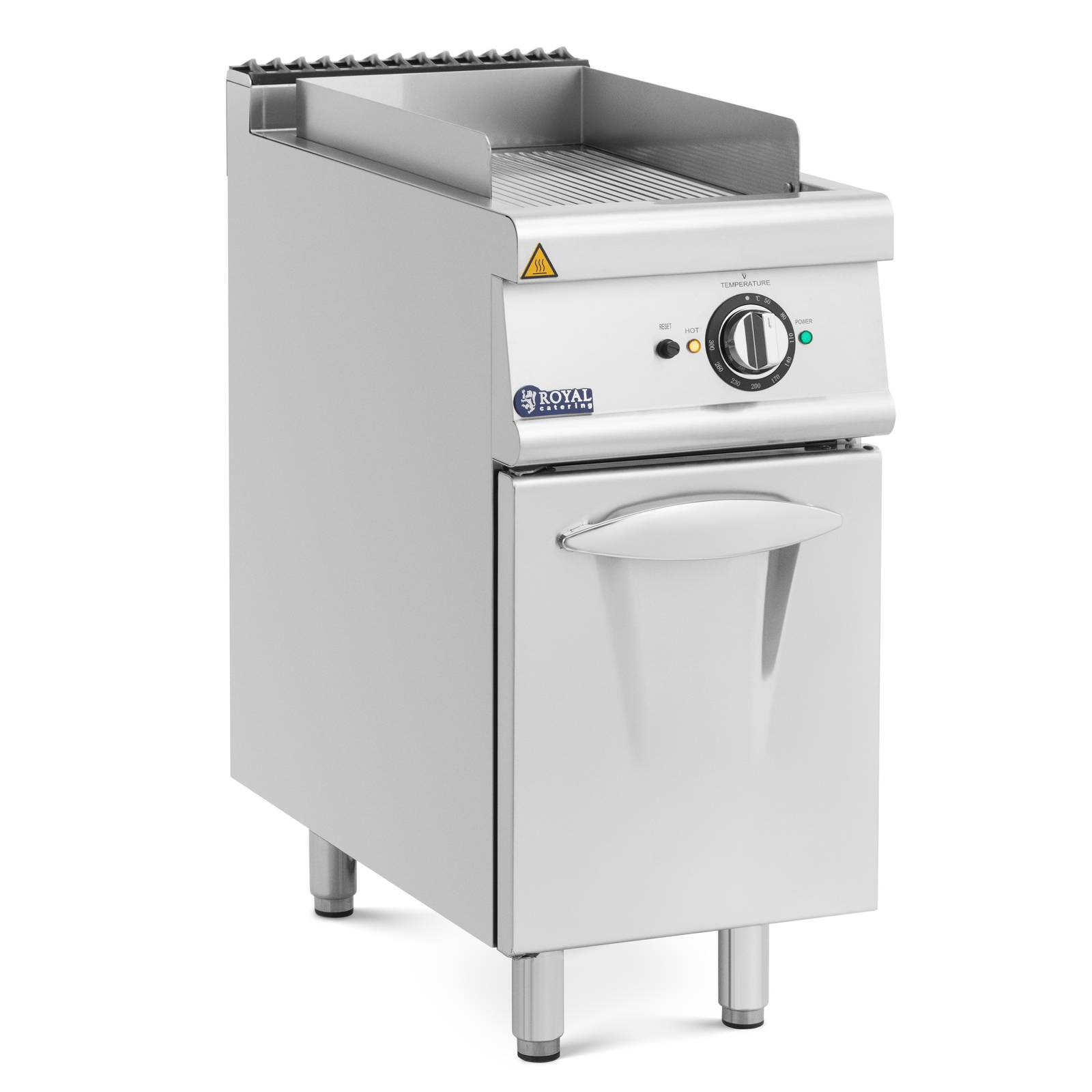 Plancha à Gaz Professionnelle 12 KW Royal Catering - Surface Rainurée, Armoire Intégrée, Inox - Pour Restauration