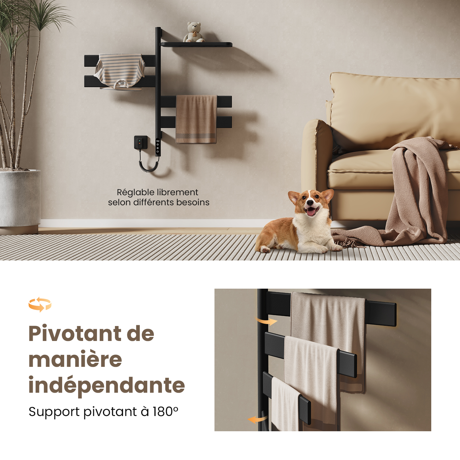 EMKE Sèche-serviettes Électrique Pivotant 180° avec Étagère - WiFi & Vocal - 76 x 45 cm, 120 W, Noir Mat - 2