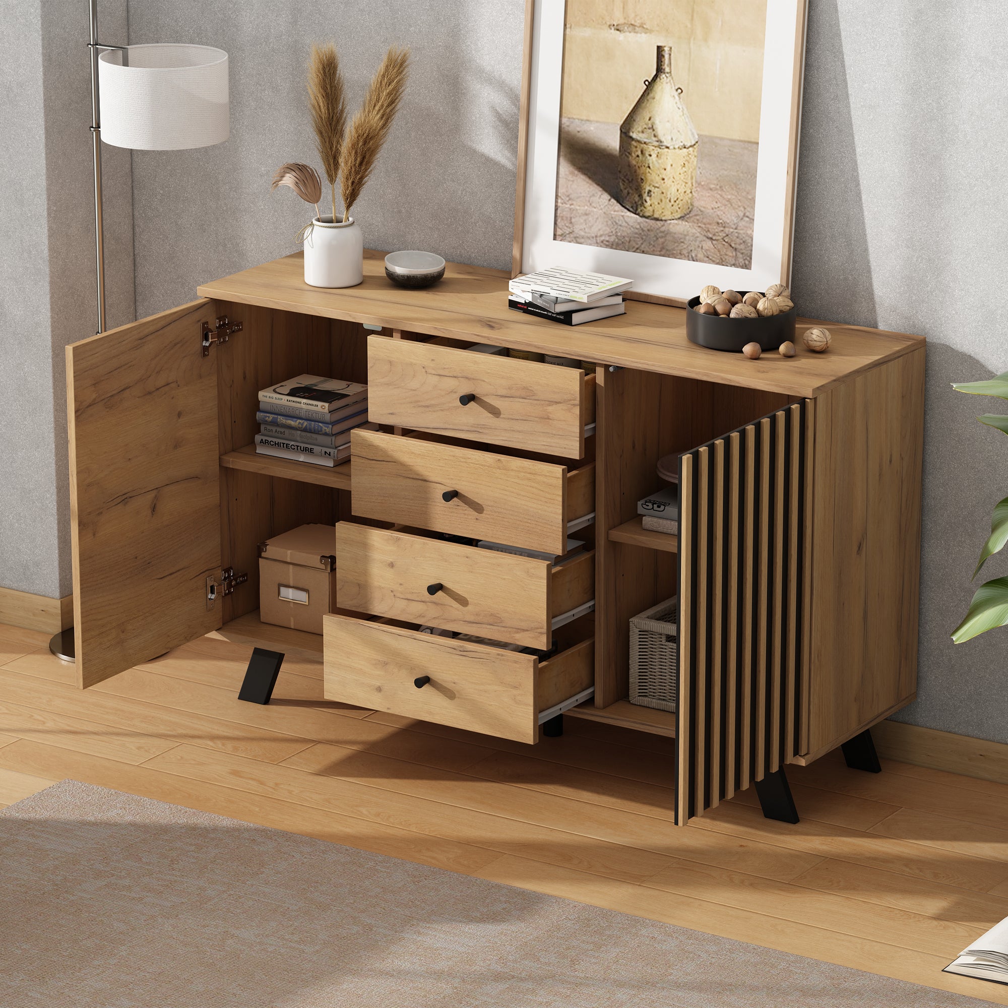 Buffet avec 2 portes et 4 tiroirs - 120 x 38 x 75 cm - MDF + pieds en bois massif - Noir + Naturel - 3