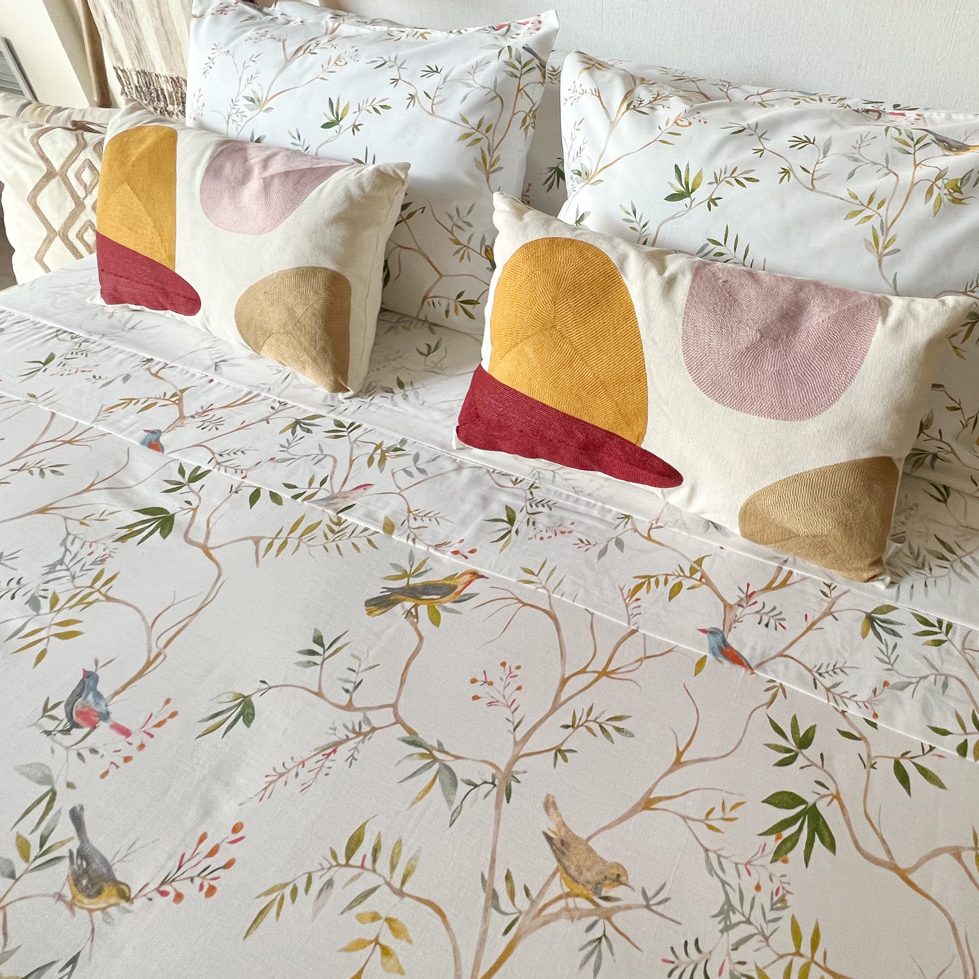 Juego de sábanas 100% algodón pájaros mostaza 3 piezas - cama 135 cm