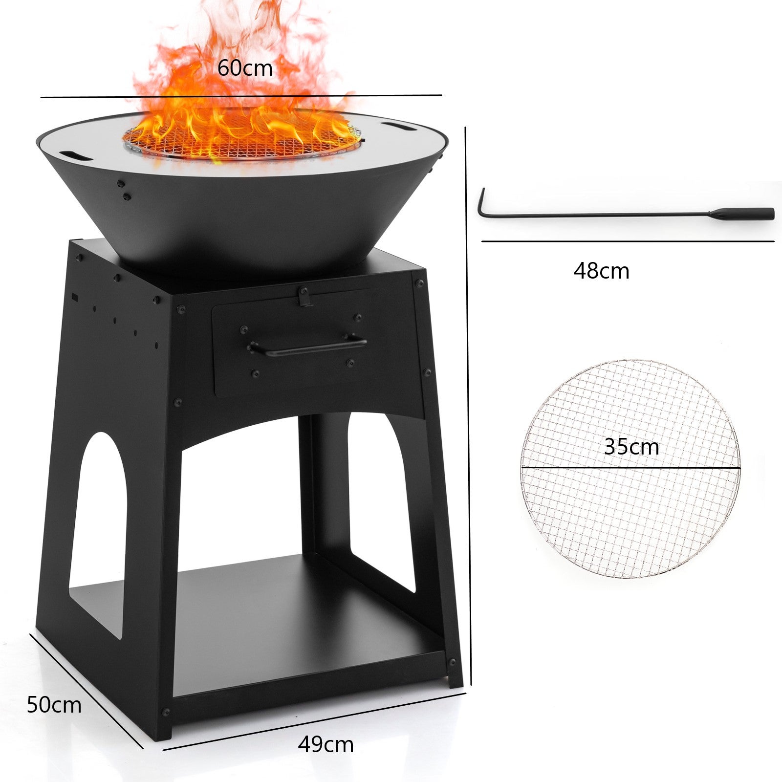 Braciere da Giardino, Braciere da Esterno con Bistecchiera, Griglia, Attizzatoio e Guanti, Diametro: 60 cm, in Acciaio inossidabile, per Campe - 5