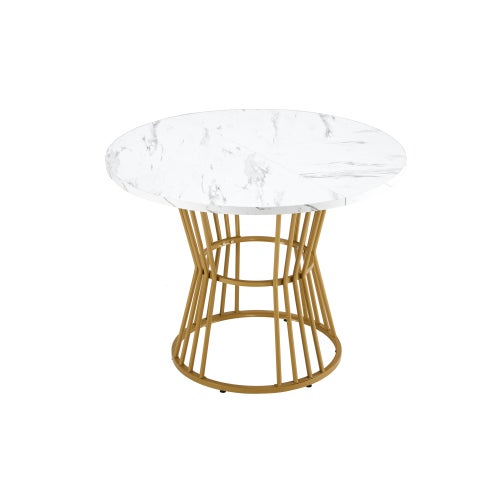 Mesa de cocina moderna redonda con base metálica, motivo mármol, blanco/oro