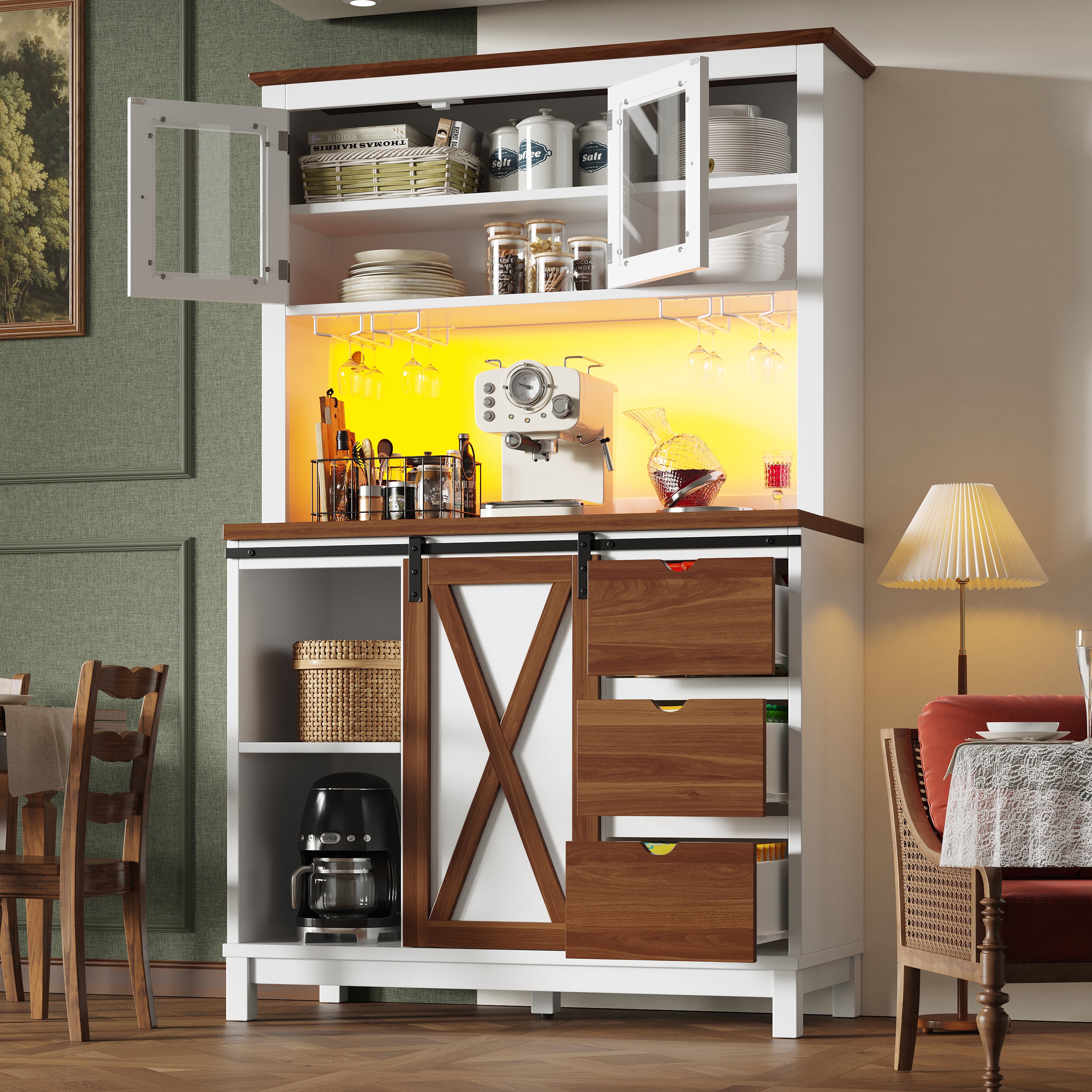 Buffet de cuisine haut avec porte coulissante style grange - Éclairage LED intelligent - 3