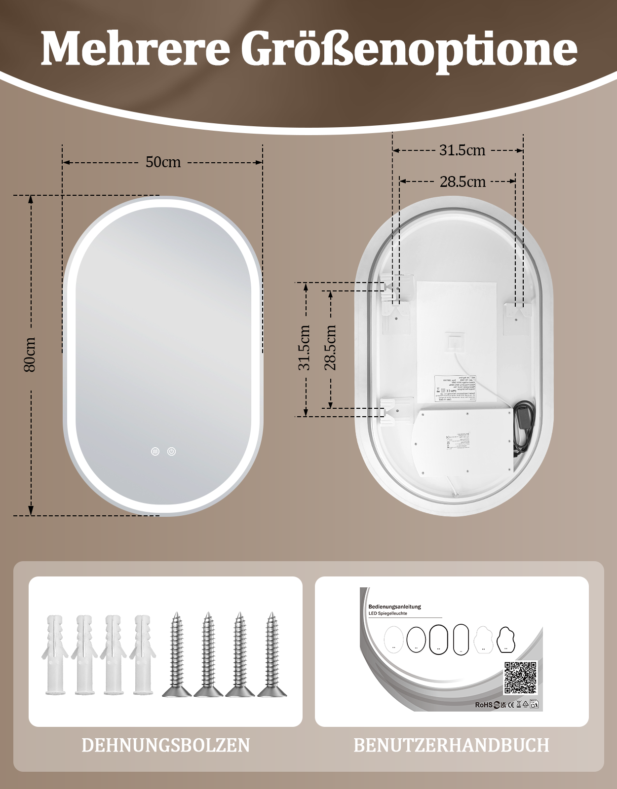 ZMH Lustro łazienkowe Owialne LED 50x80 cm na ścianę dotykowe przeciwmgielne IP44 regulowane 3000K-6500K - 7