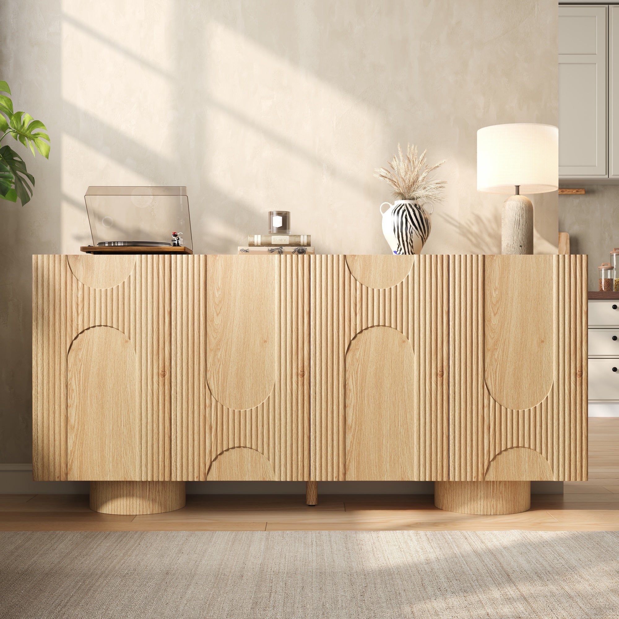 Komoda niska z 4 drzwiami i regulowanymi półkami - MDF + Bambus + Sosna - 160 × 38,5 × 76 cm - Drewno naturalne - 3